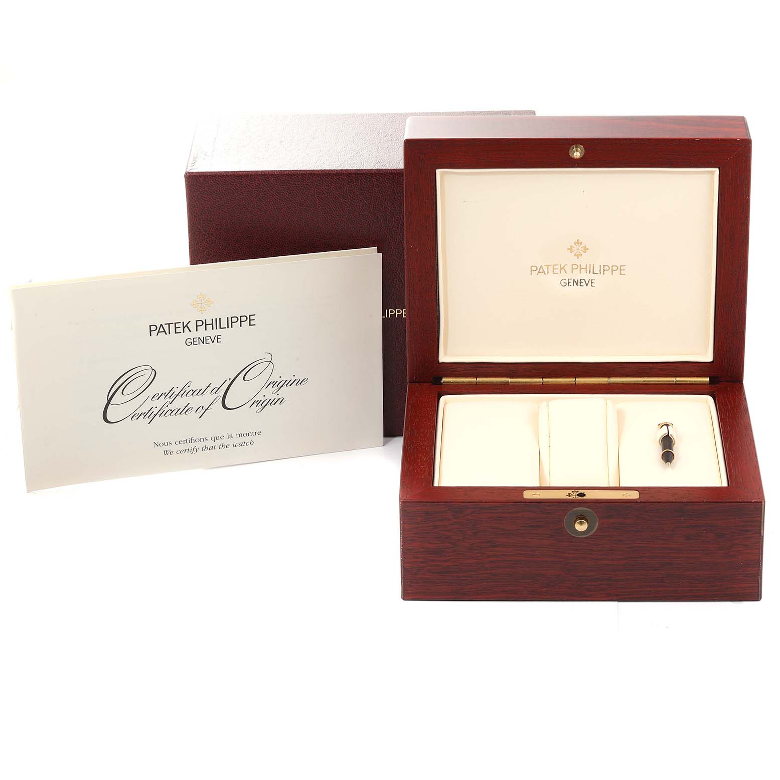 This image shows the packaging, certificate of origin, and an open display box for the Patek Philippe Complications 5035P Men's Platinum Black Dial 5035P Men's Platinum Black Dial model watch.