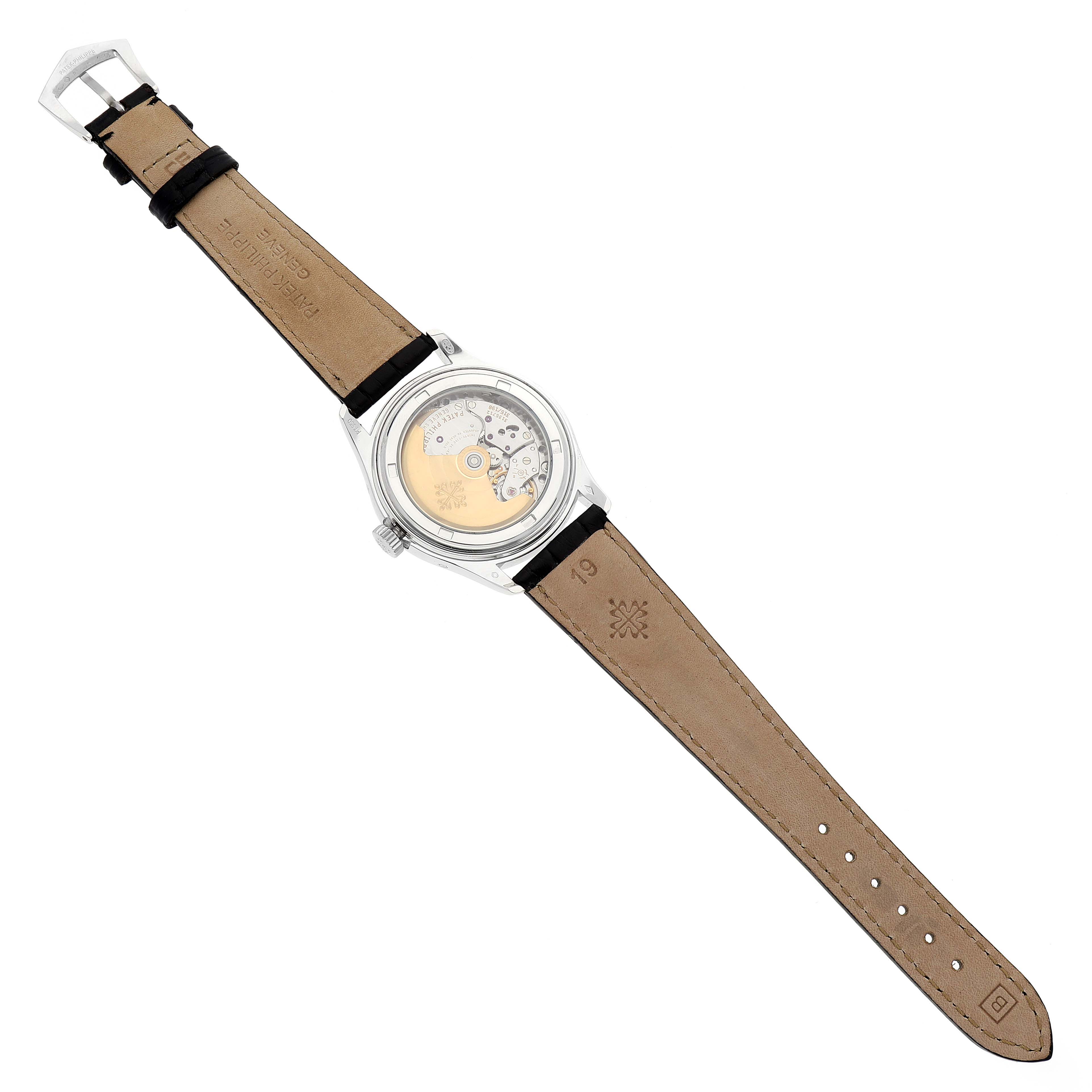 The image shows the back view of the Patek Philippe Complications 5035P Men's Platinum Black Dial 5035P Men's Platinum Black Dial model watch, revealing the movement and beige leather straps.