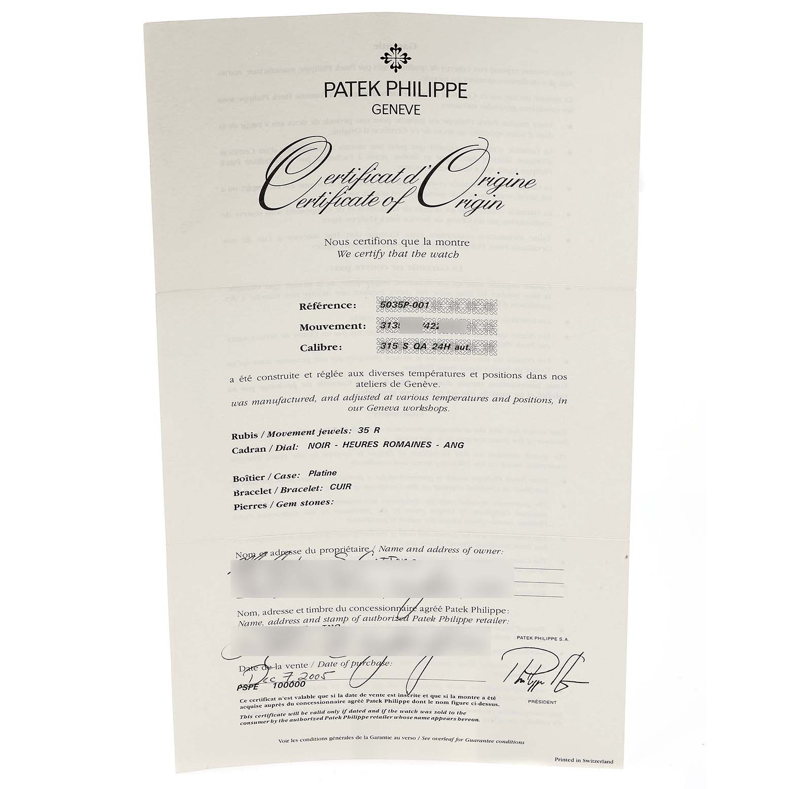 The image shows the Certificate of Origin for the Patek Philippe Complications 5035P Men's Platinum Black Dial 5035P Men's Platinum Black Dial watch, detailing its specifications and authenticity.