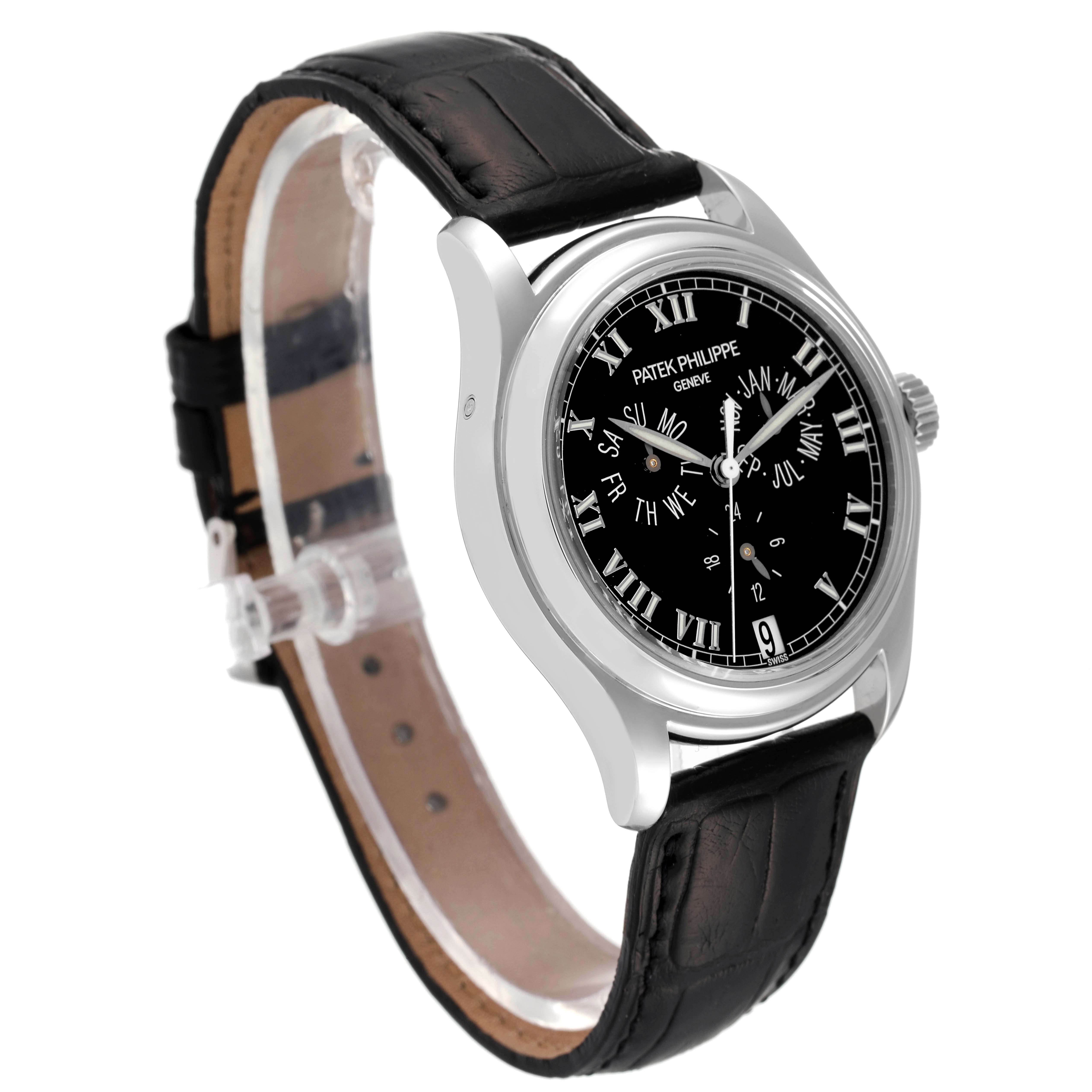 This image shows a Patek Philippe Complications 5035P Men's Platinum Black Dial 5035P Men's Platinum Black Dial model watch at a slight angle, highlighting the face, strap, and crown.