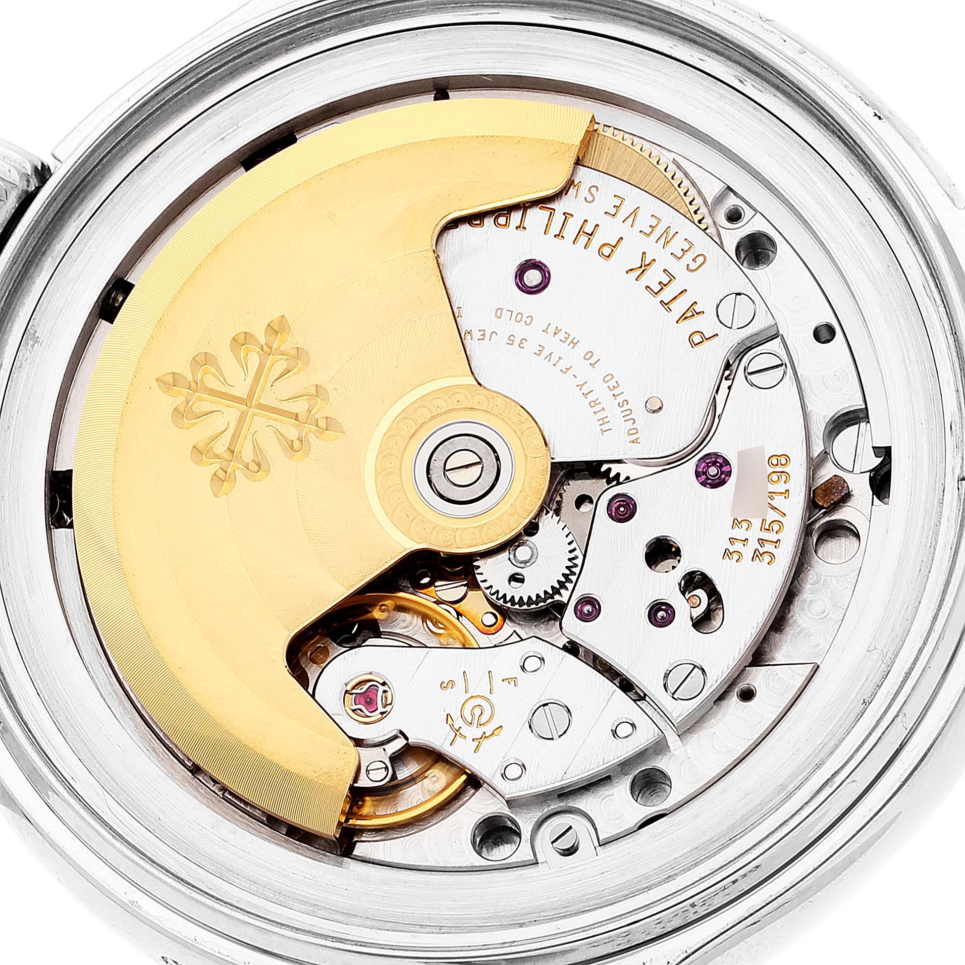 This is a close-up of the movement and internal mechanisms of the Patek Philippe Complications 5035P Men's Platinum Black Dial 5035P Men's Platinum Black Dial model watch.