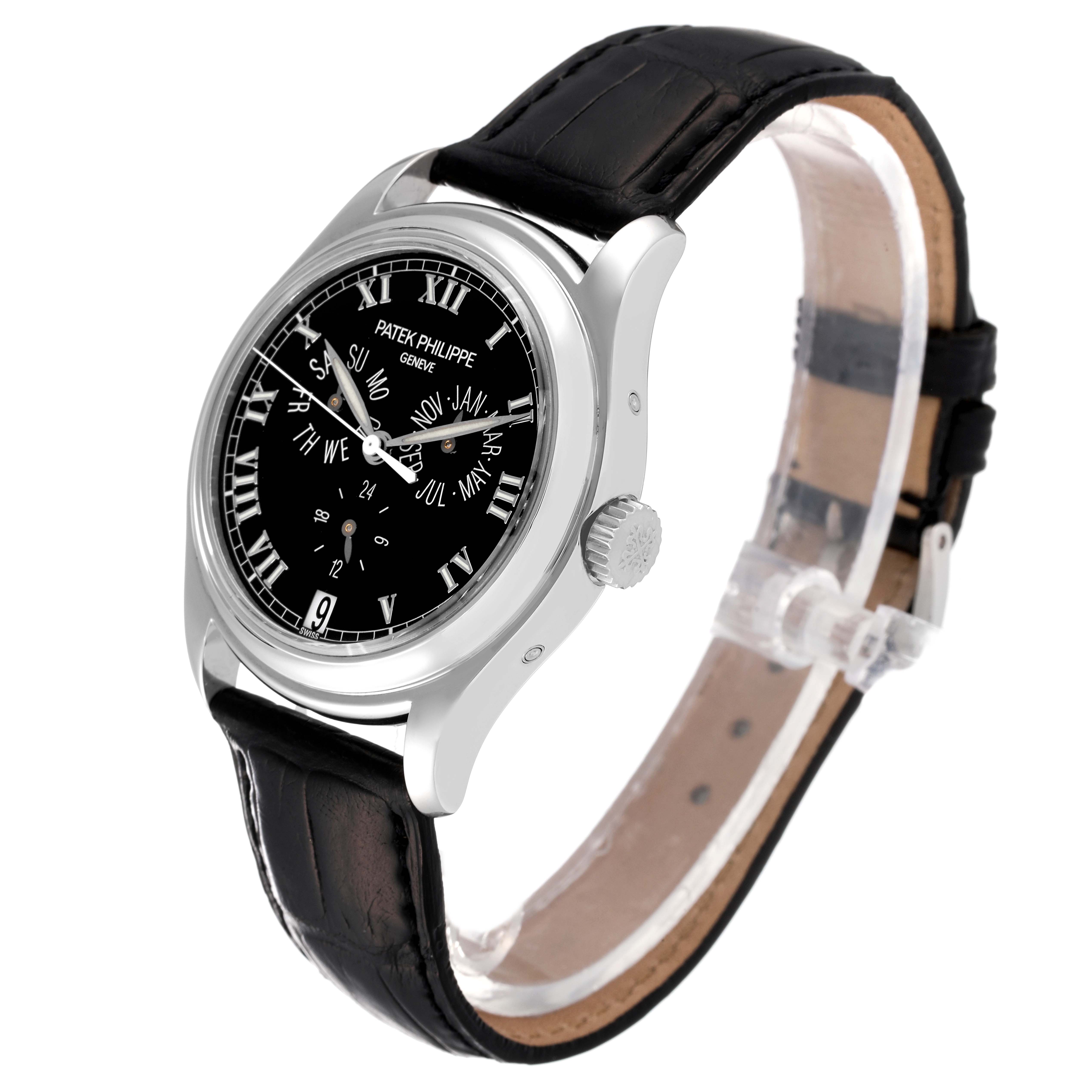 This image shows a Patek Philippe Complications 5035P Men's Platinum Black Dial 5035P Men's Platinum Black Dial watch at a three-quarter angle, highlighting its dial, bezel, crown, and leather strap.