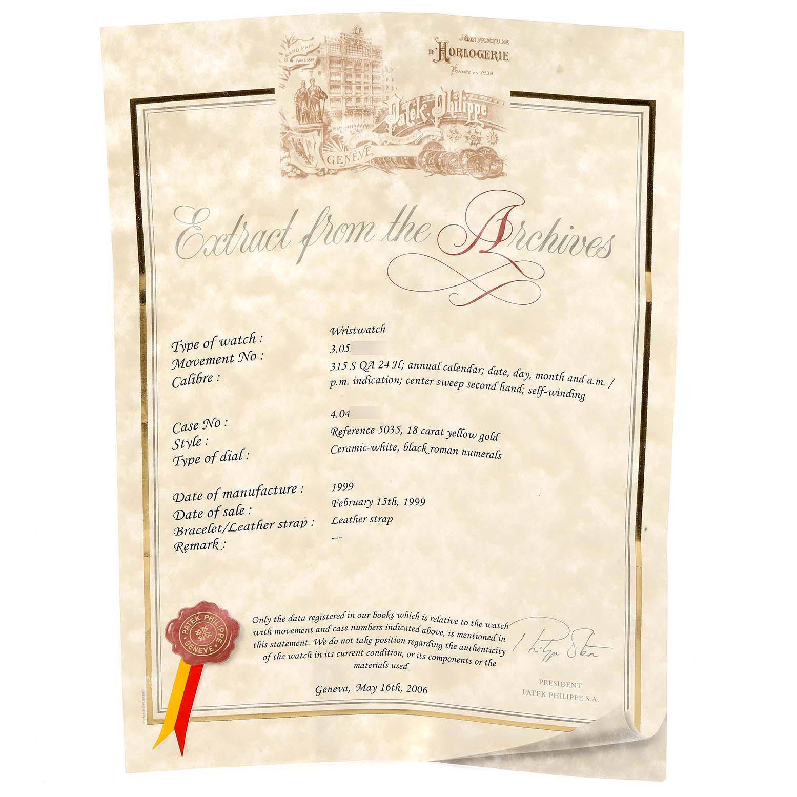 The image shows an "Extract from the Archives" certificate for a Patek Philippe Complications 5035G Men's Yellow Gold Silver Dial 5035G Men's Yellow Gold Silver Dial model wristwatch, detailing its specifications and authenticity.