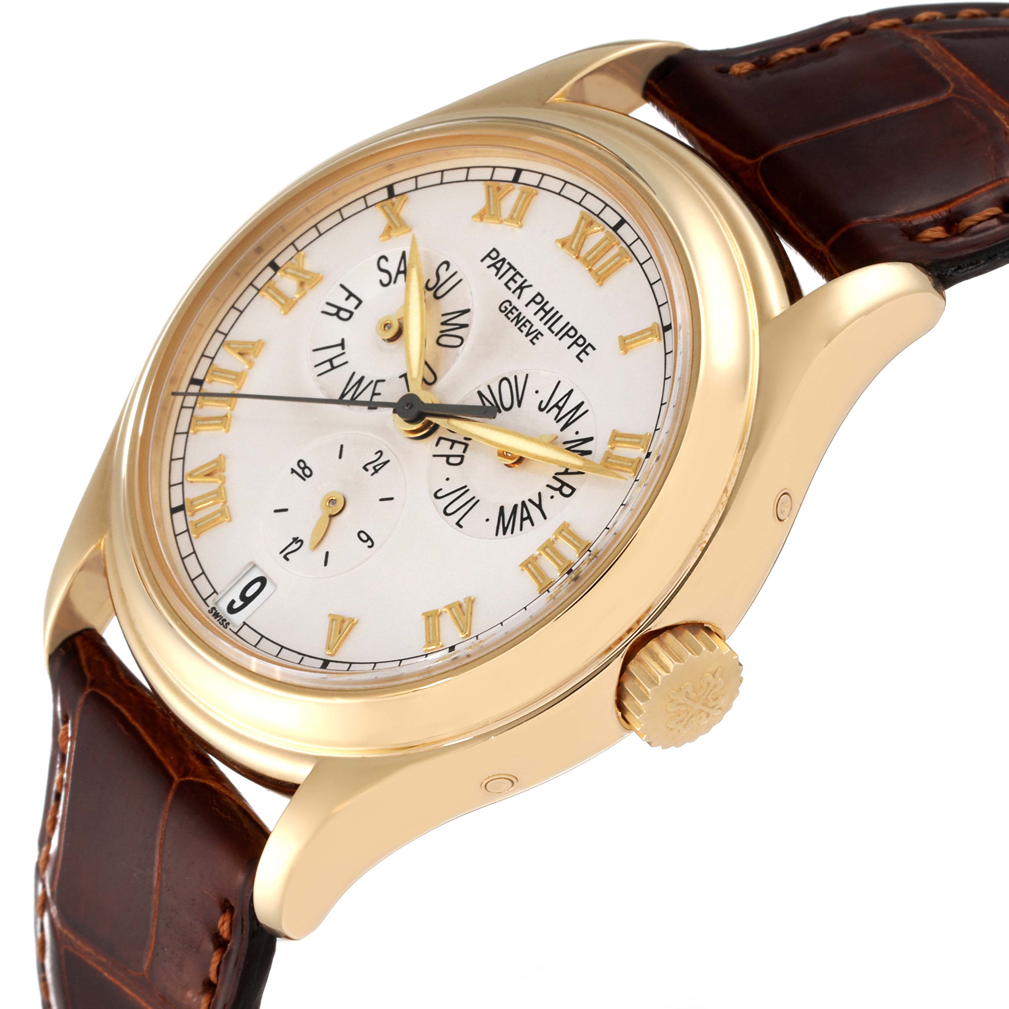 The Patek Philippe Complications 5035G Men's Yellow Gold Silver Dial 5035G Men's Yellow Gold Silver Dial model watch is shown at a slight angle, featuring the dial, crown, and leather strap.