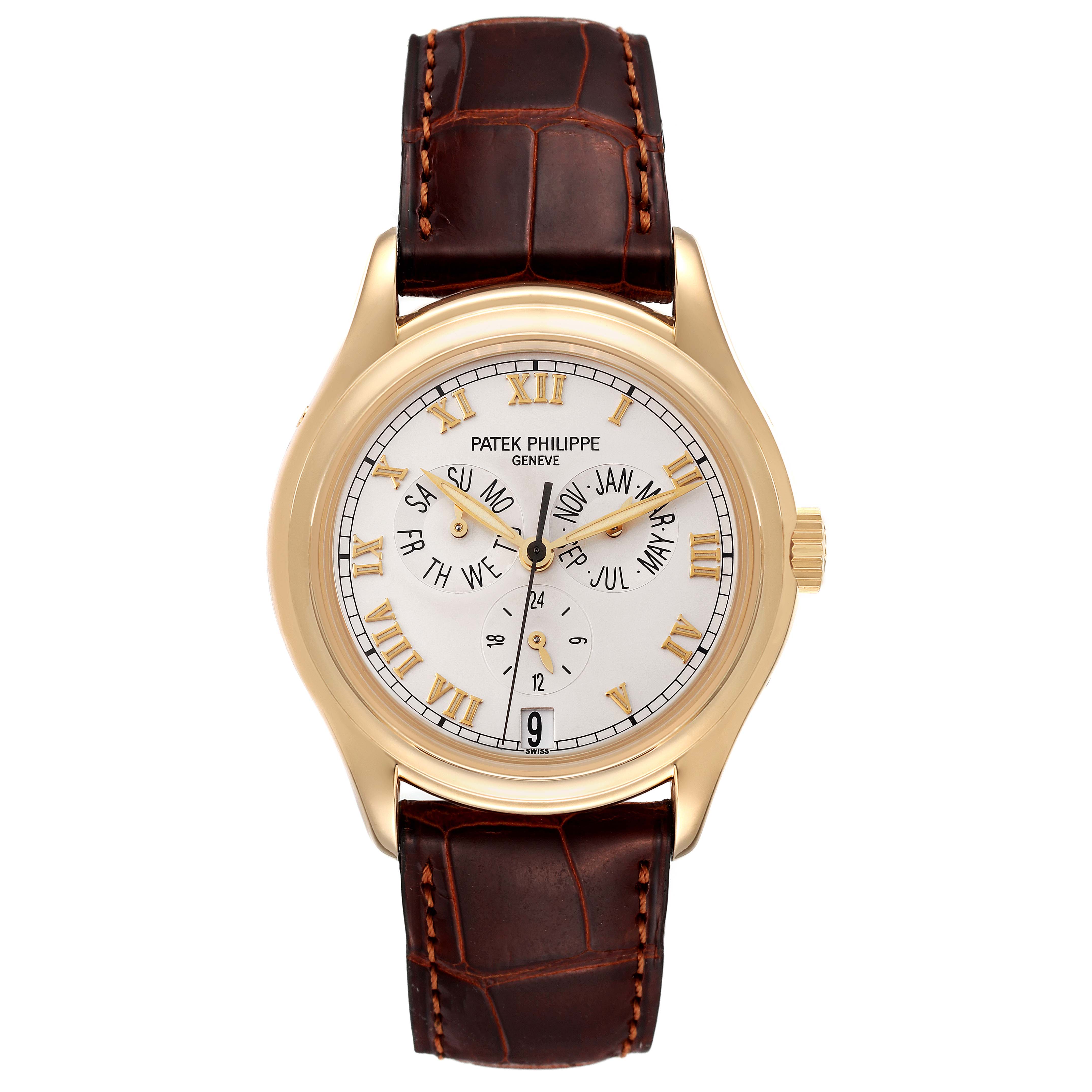 The image shows a frontal view of the Patek Philippe Complications 5035G Men's Yellow Gold Silver Dial 5035G Men's Yellow Gold Silver Dial model watch with a gold case and brown leather strap.