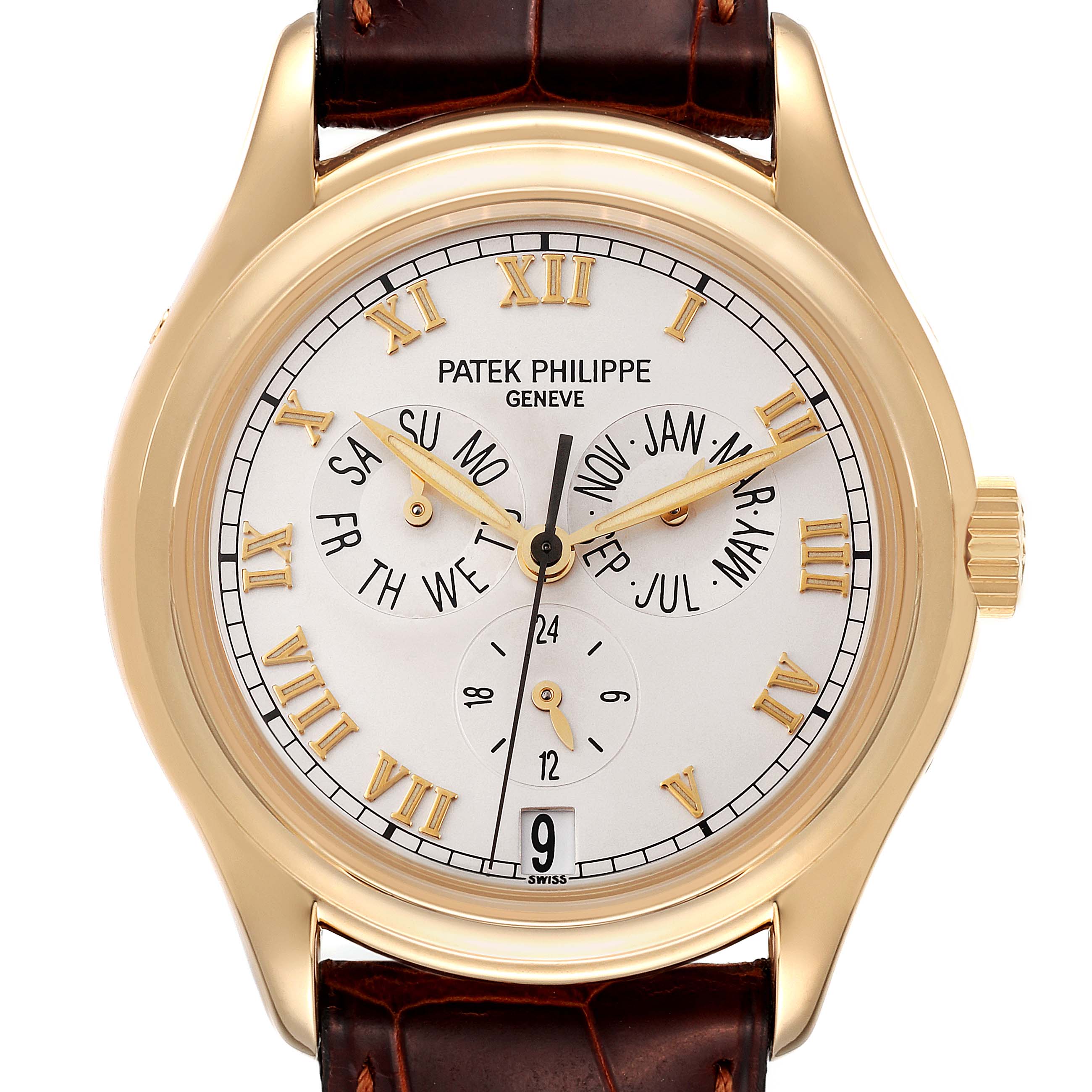The image shows a front-view of the Patek Philippe Complications 5035G Men's Yellow Gold Silver Dial 5035G Men's Yellow Gold Silver Dial watch, displaying its face, Roman numerals, and leather strap.