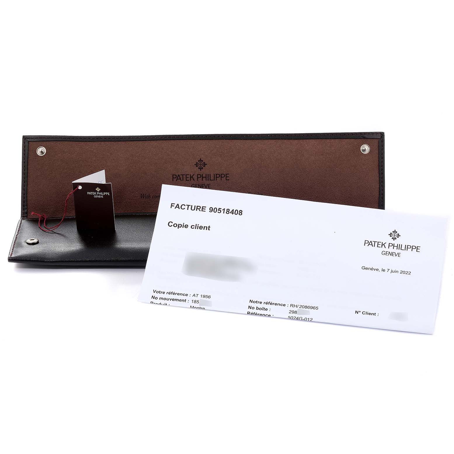 The image shows the packaging and documentation for the Patek Philippe Gondolo 5024G Men's White Gold White Dial 5024G Men's White Gold White Dial watch.