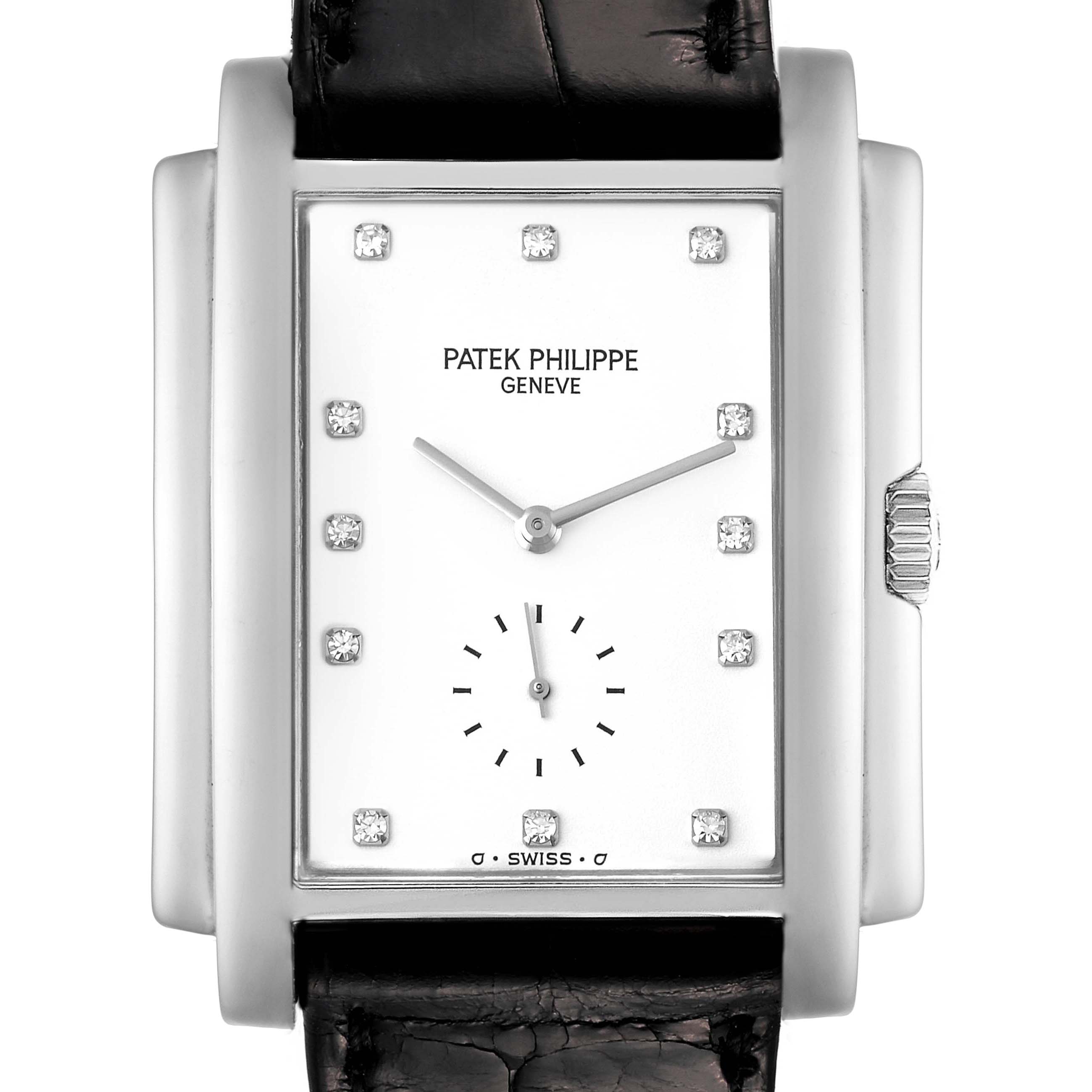 This image shows a frontal view of the Patek Philippe Gondolo 5024G Men's White Gold White Dial 5024G Men's White Gold White Dial watch, highlighting its face, strap, and crown.