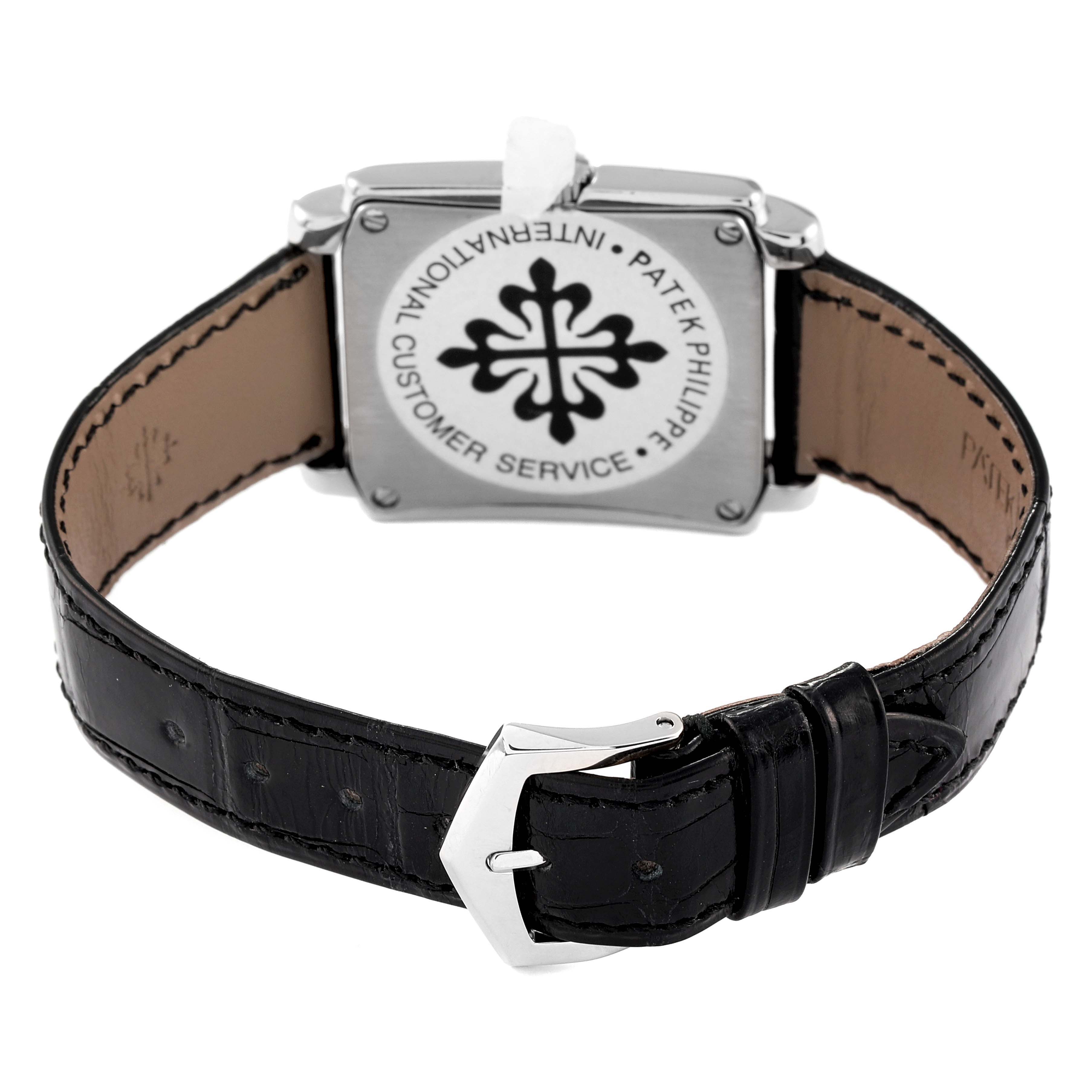 The image shows the back view of a Patek Philippe Gondolo 5024G Men's White Gold White Dial 5024G Men's White Gold White Dial watch, highlighting the case back and part of the strap.