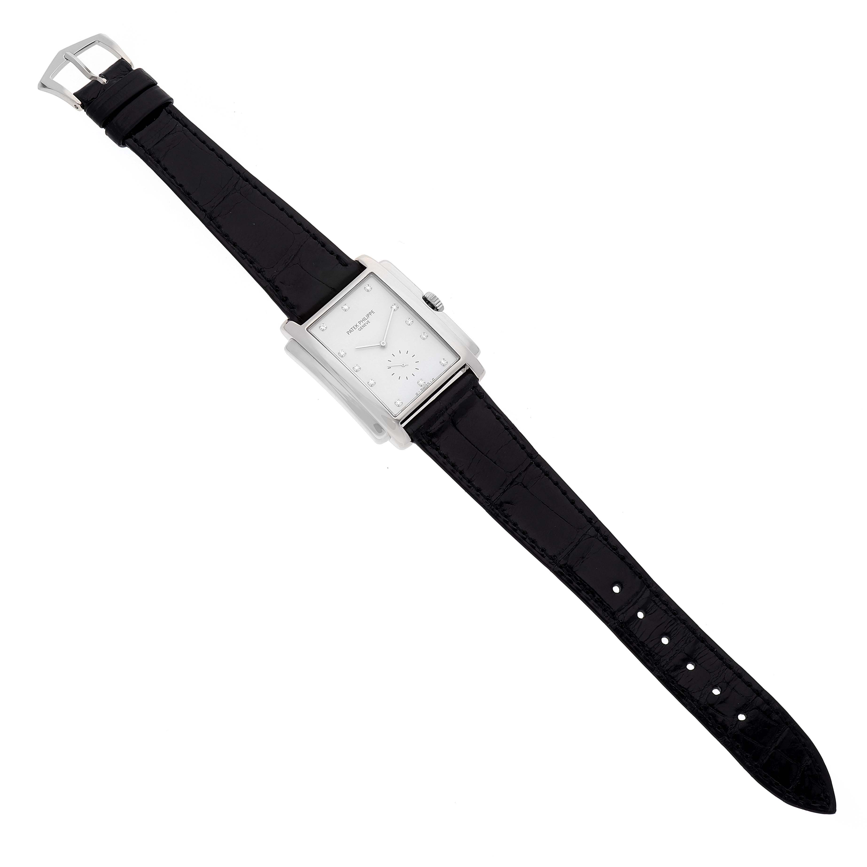 The image shows a full frontal view of the Patek Philippe Gondolo 5024G Men's White Gold White Dial 5024G Men's White Gold White Dial watch, displaying its rectangular face and black leather strap.