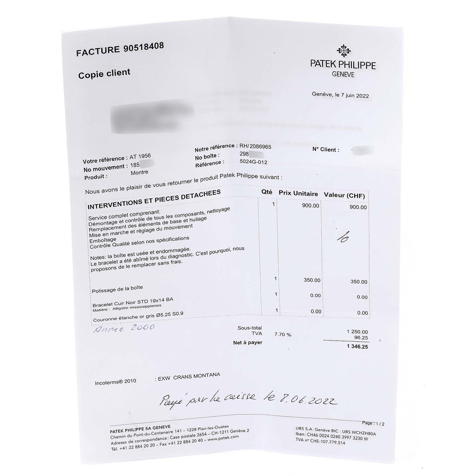 This image shows a service invoice for a Patek Philippe Gondolo 5024G Men's White Gold White Dial 5024G Men's White Gold White Dial watch, detailing repairs and parts replaced.