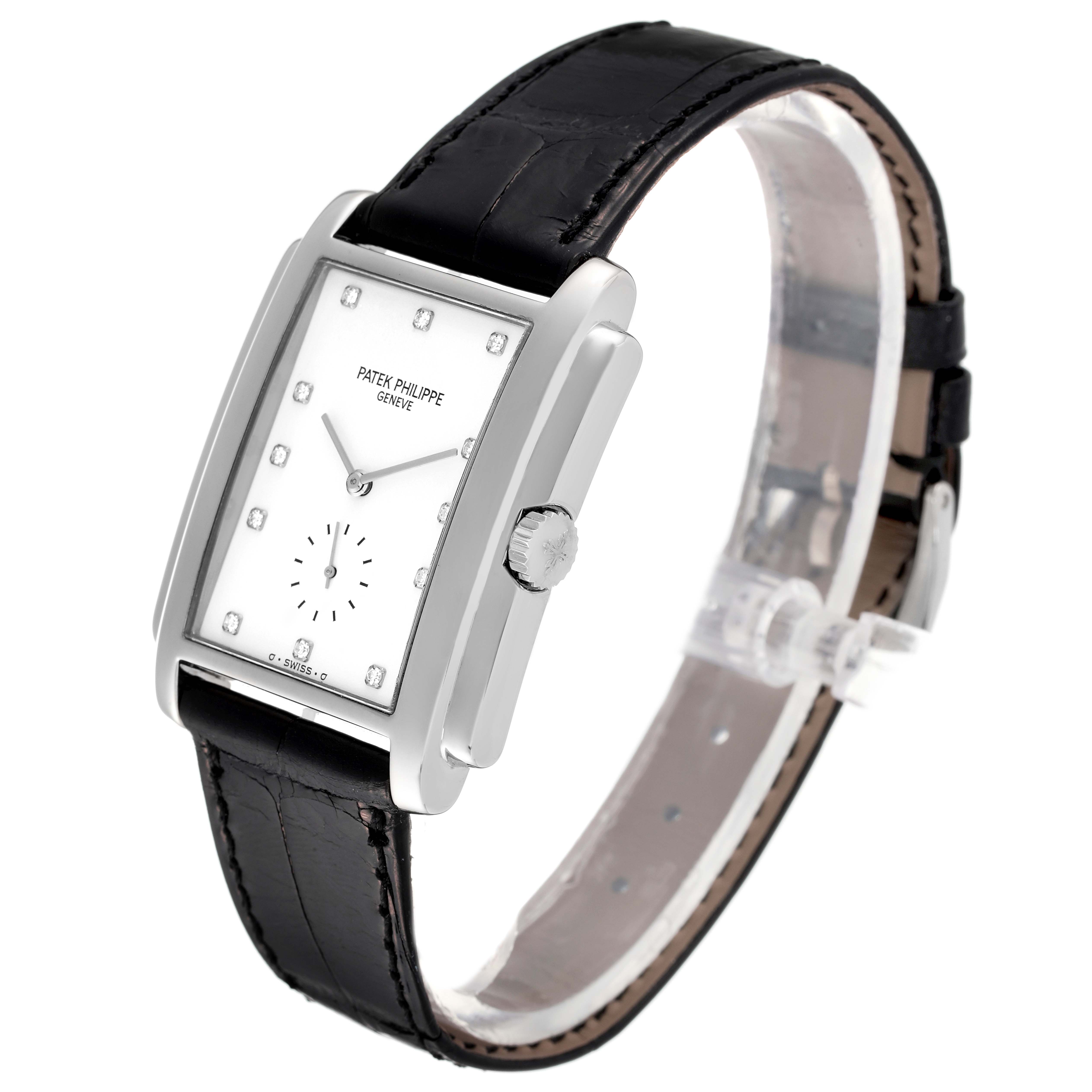 The image shows a side-angle view of a Patek Philippe Gondolo 5024G Men's White Gold White Dial 5024G Men's White Gold White Dial watch, highlighting the dial, crown, and black leather strap.