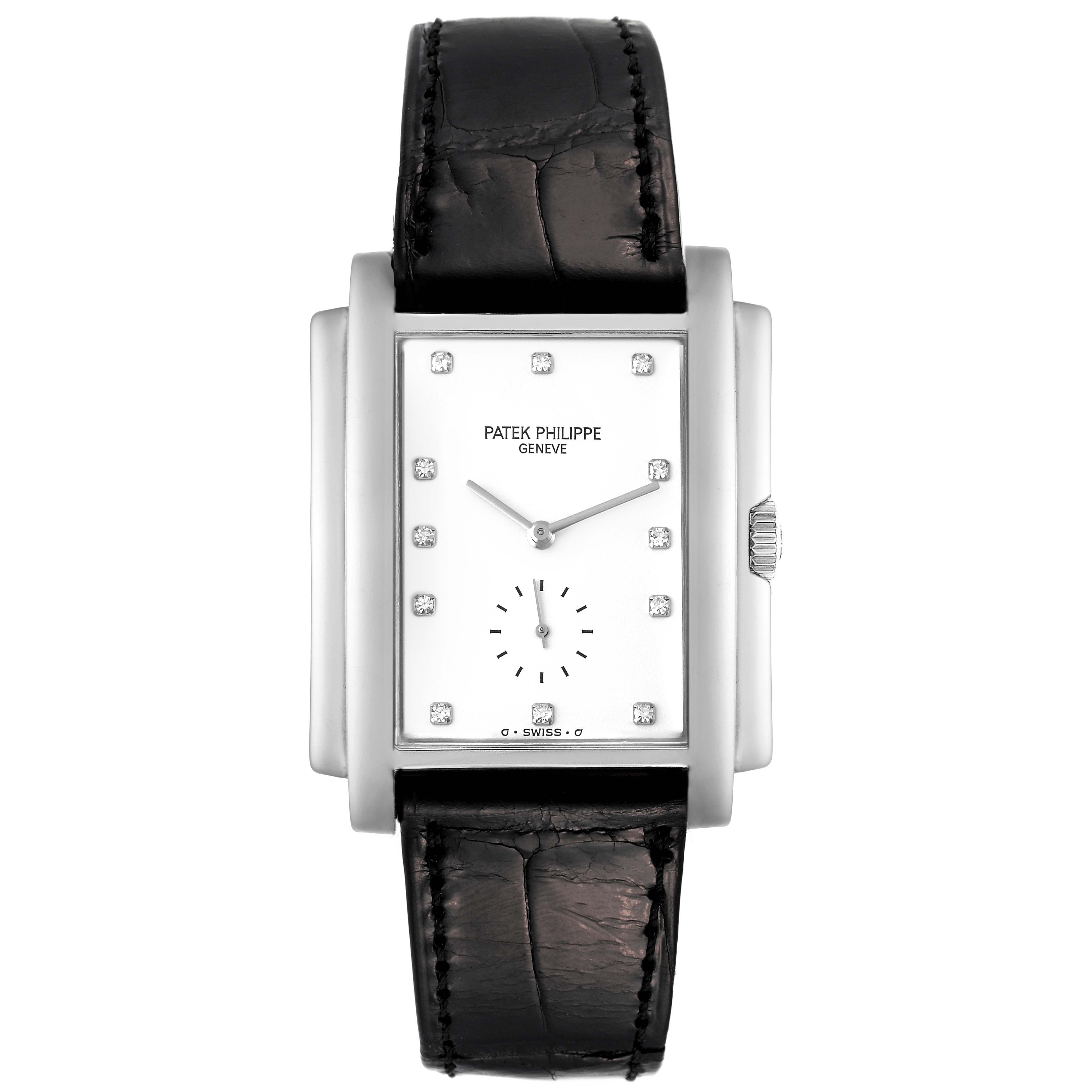 This is a front view of the Patek Philippe Gondolo 5024G Men's White Gold White Dial 5024G Men's White Gold White Dial watch, showcasing its rectangular face, leather strap, and crown on the side.