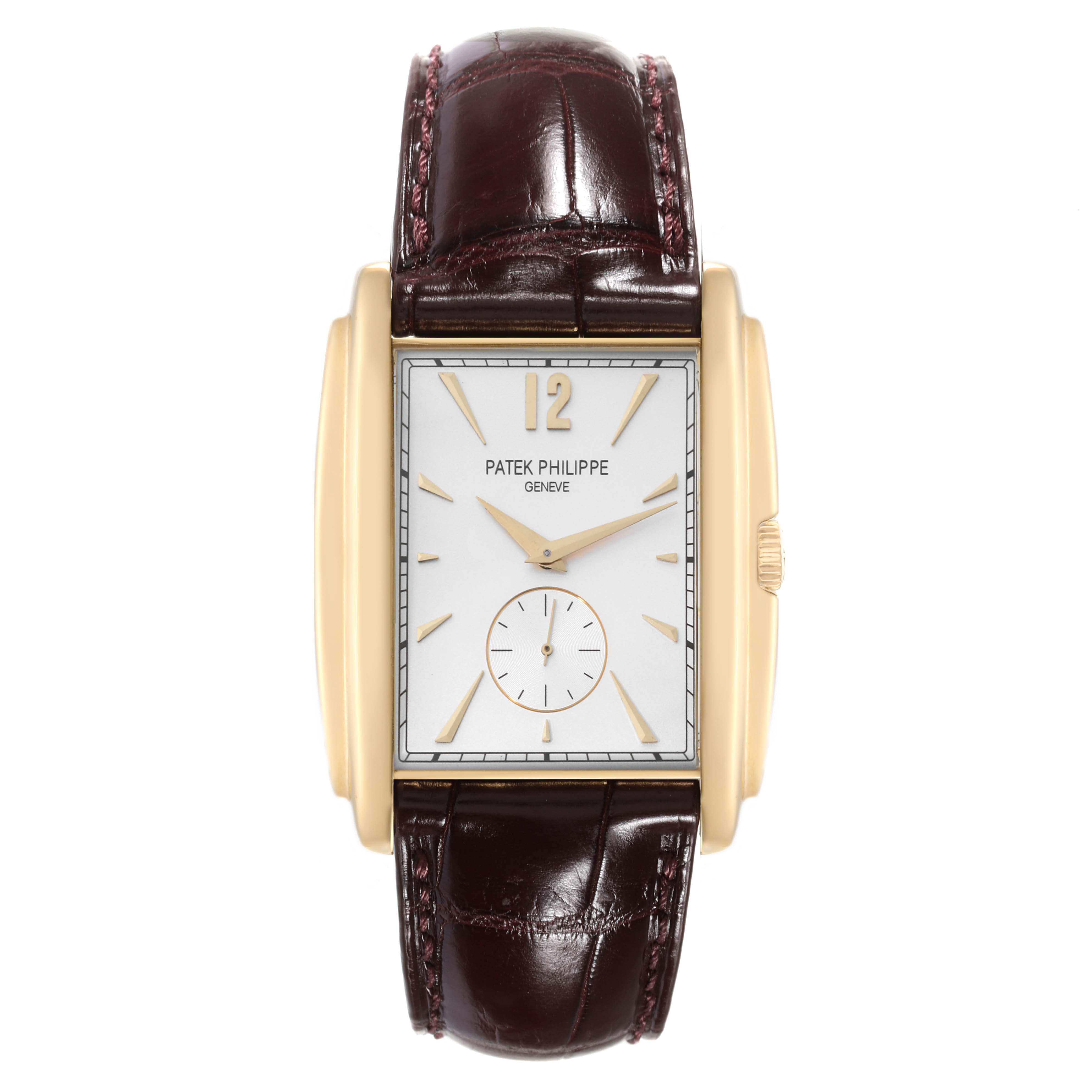 The image shows a frontal view of the Patek Philippe Gondolo 5124J Men's Yellow Gold Silver Dial 5124J Men's Yellow Gold Silver Dial watch, displaying its face, strap, and crown.