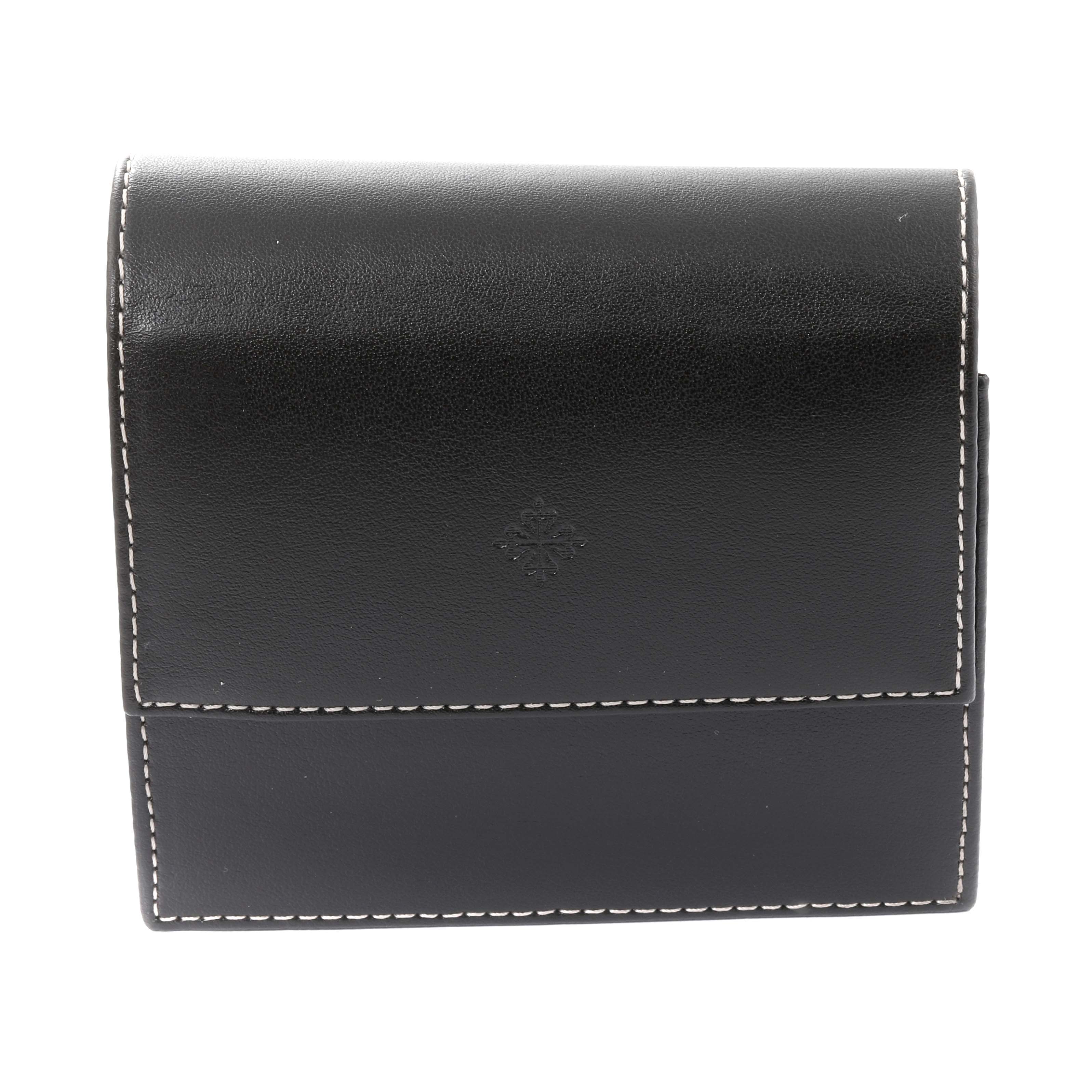 This is a front view of a black leather watch case for the Patek Philippe Gondolo 5124J Men's Yellow Gold Silver Dial 5124J Men's Yellow Gold Silver Dial model.