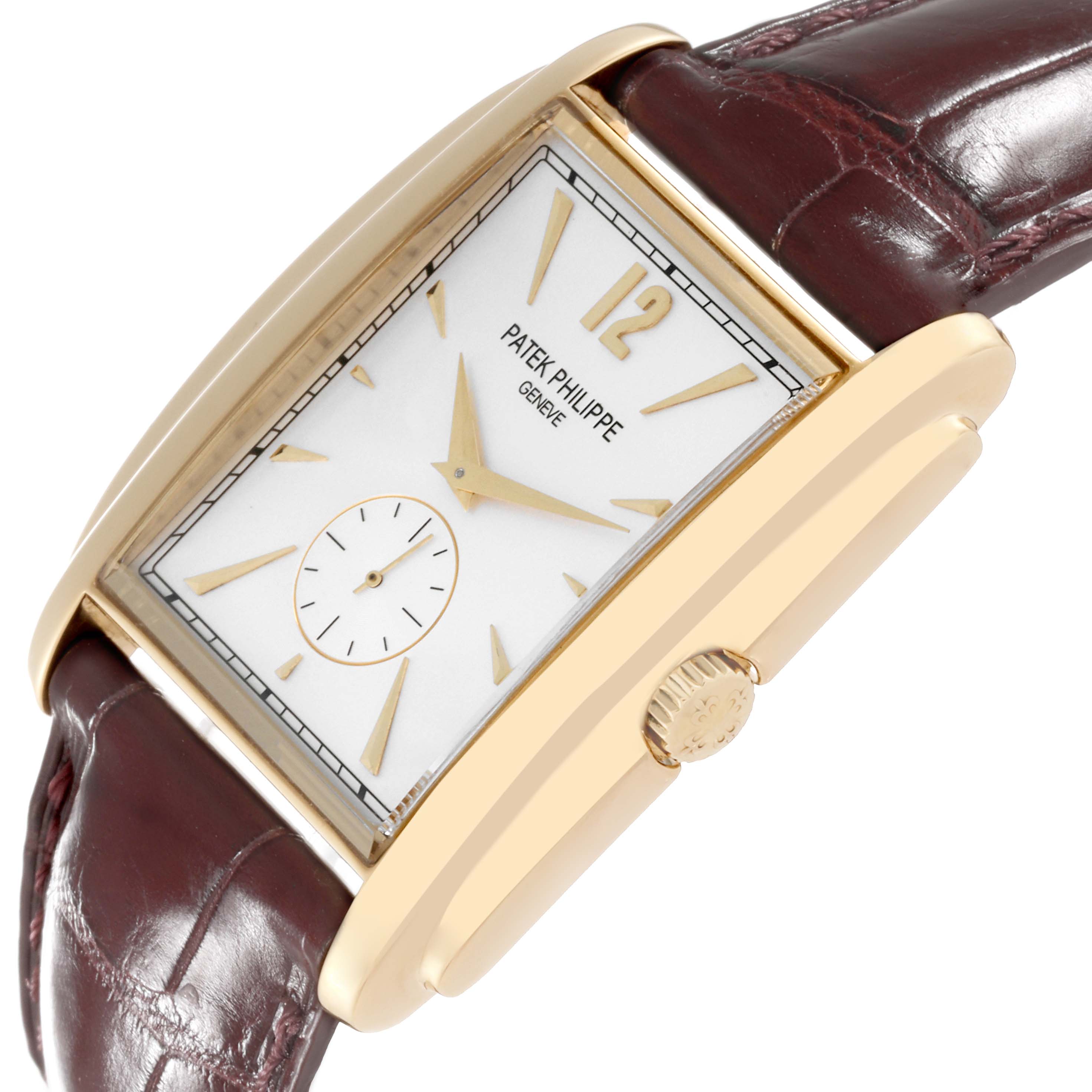The image shows a side angle of the Patek Philippe Gondolo 5124J Men's Yellow Gold Silver Dial 5124J Men's Yellow Gold Silver Dial watch, featuring the face, crown, and leather strap.