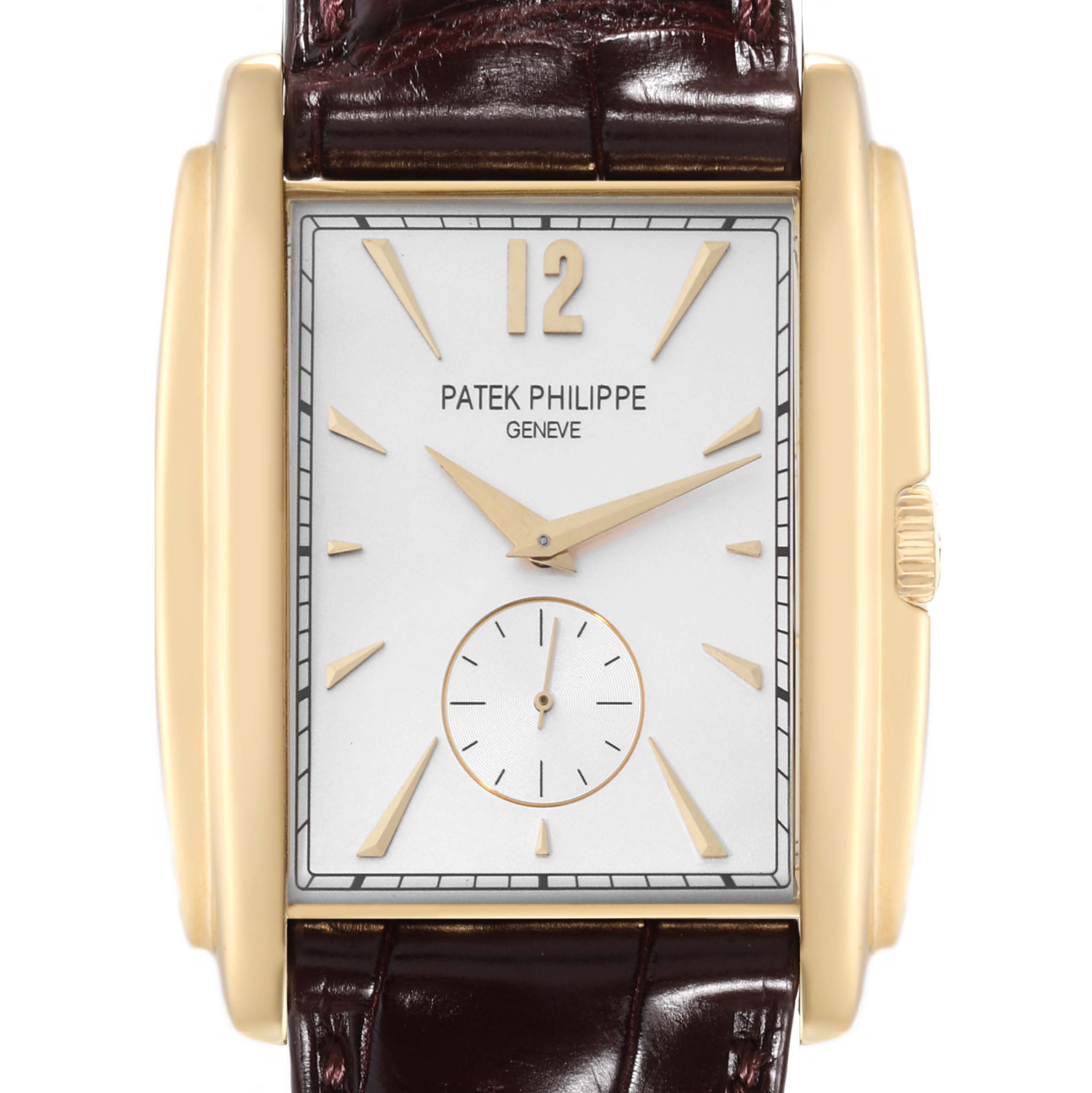 The image shows a front view of the Patek Philippe Gondolo 5124J Men's Yellow Gold Silver Dial 5124J Men's Yellow Gold Silver Dial watch, highlighting its rectangular dial, gold hands, and leather strap.