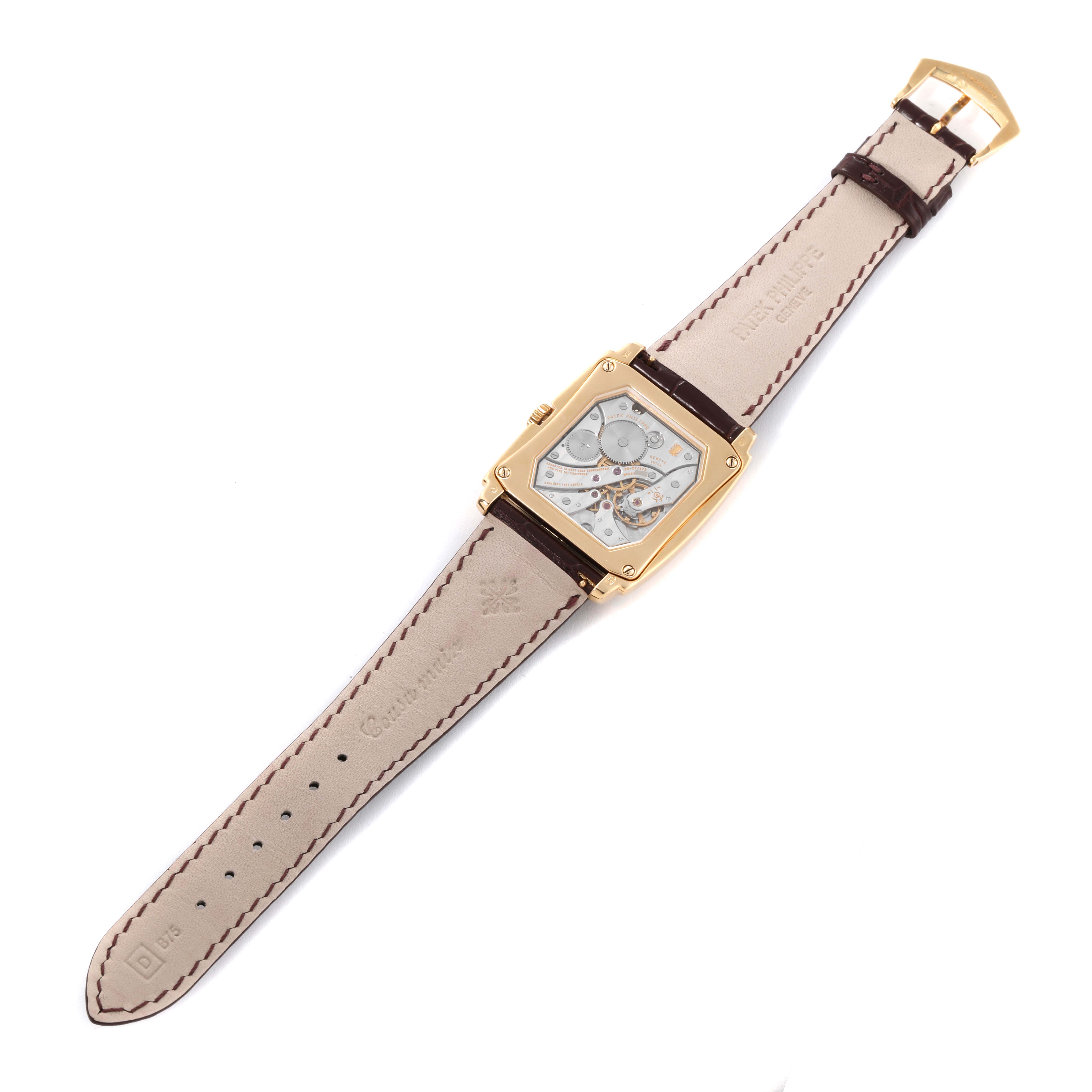 This image shows the back view of the Patek Philippe Gondolo 5124J Men's Yellow Gold Silver Dial 5124J Men's Yellow Gold Silver Dial watch, showcasing the movement and the strap.