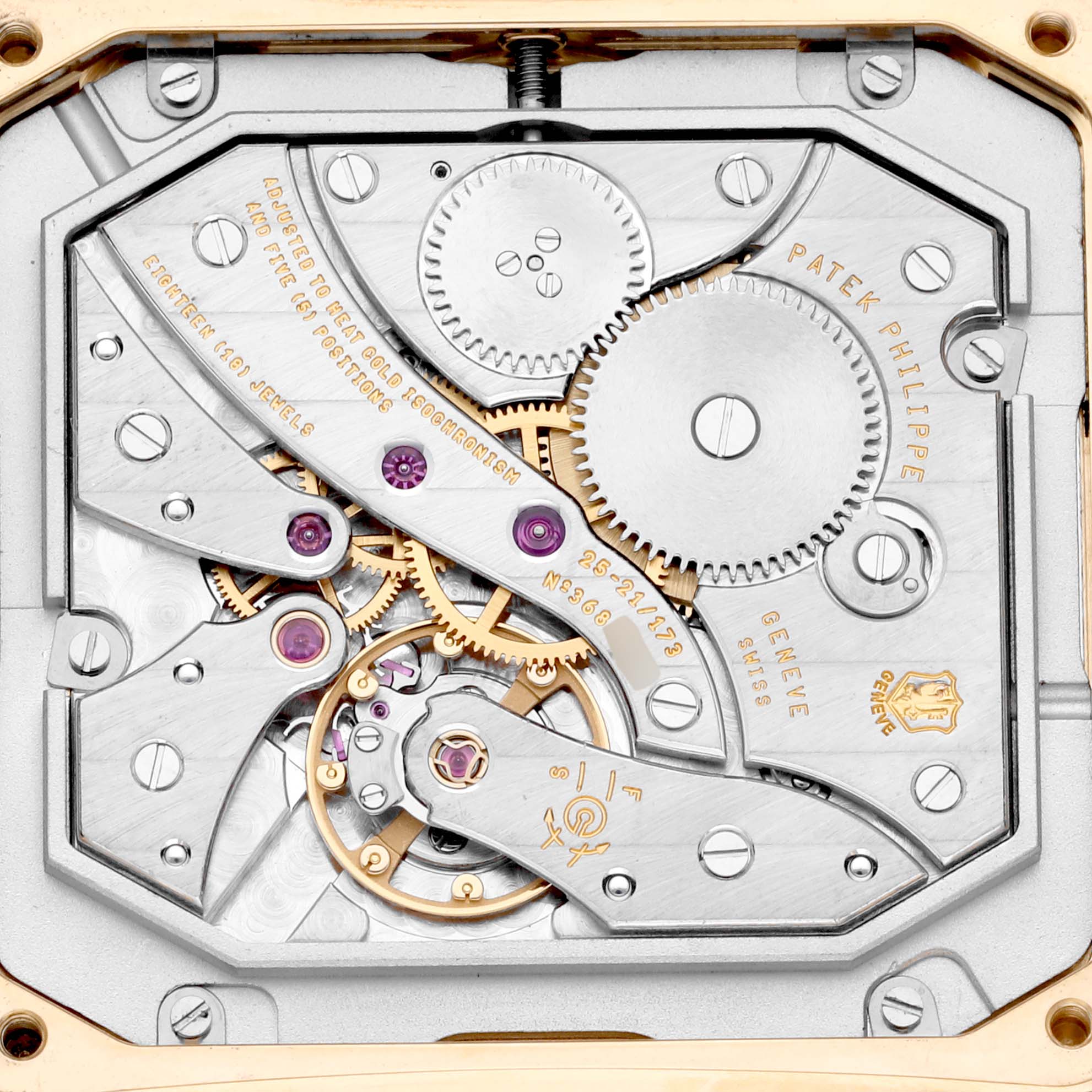 The image shows the detailed internal mechanism of the Patek Philippe Gondolo 5124J Men's Yellow Gold Silver Dial 5124J Men's Yellow Gold Silver Dial watch from a top-down angle.