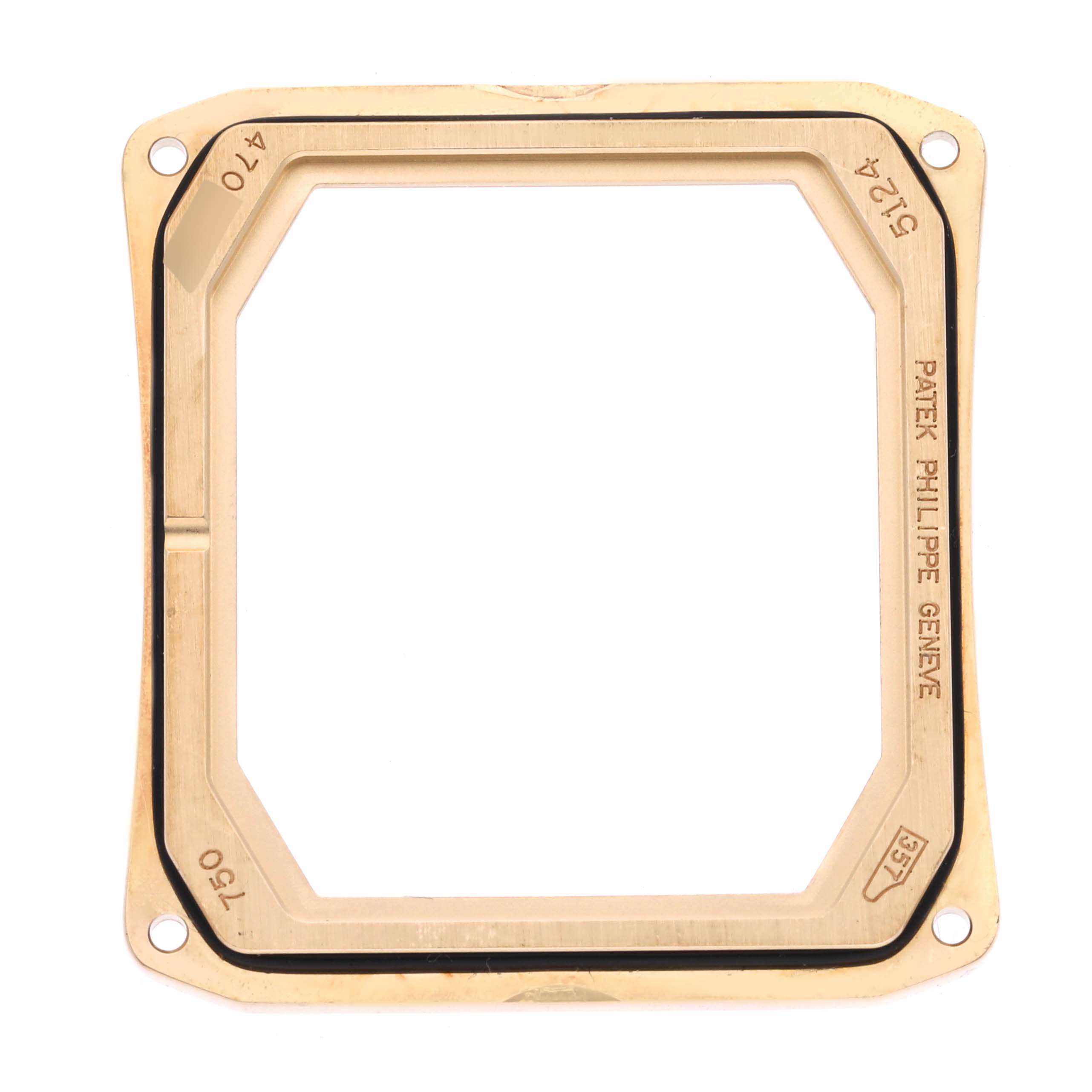 This image shows the golden case bezel of a Patek Philippe Gondolo 5124J Men's Yellow Gold Silver Dial 5124J Men's Yellow Gold Silver Dial watch, viewed from a top-down angle.