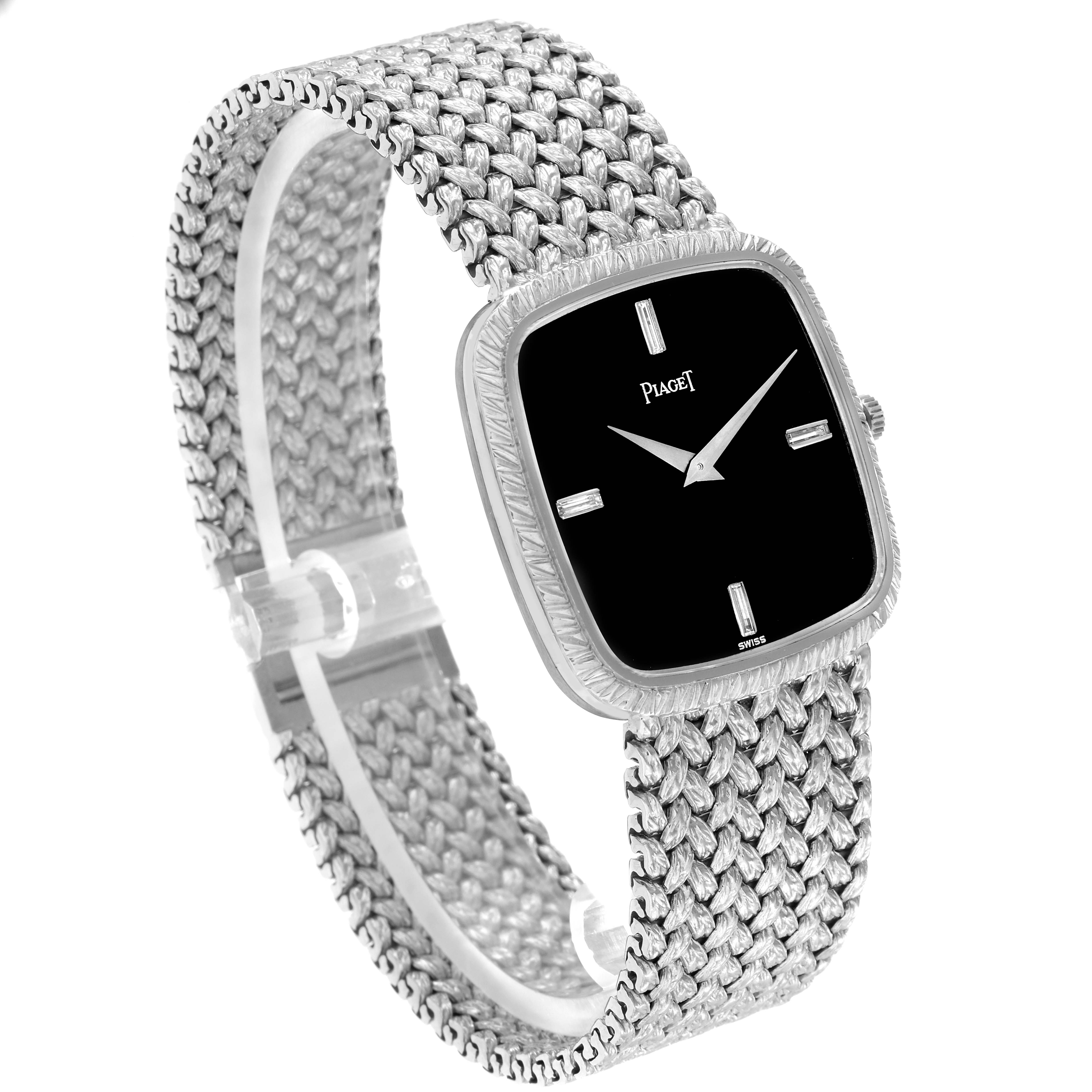 The Piaget model 9771D2 men
s watch is shown from a slightly angled side view, displaying the entire face and textured metal bracelet.