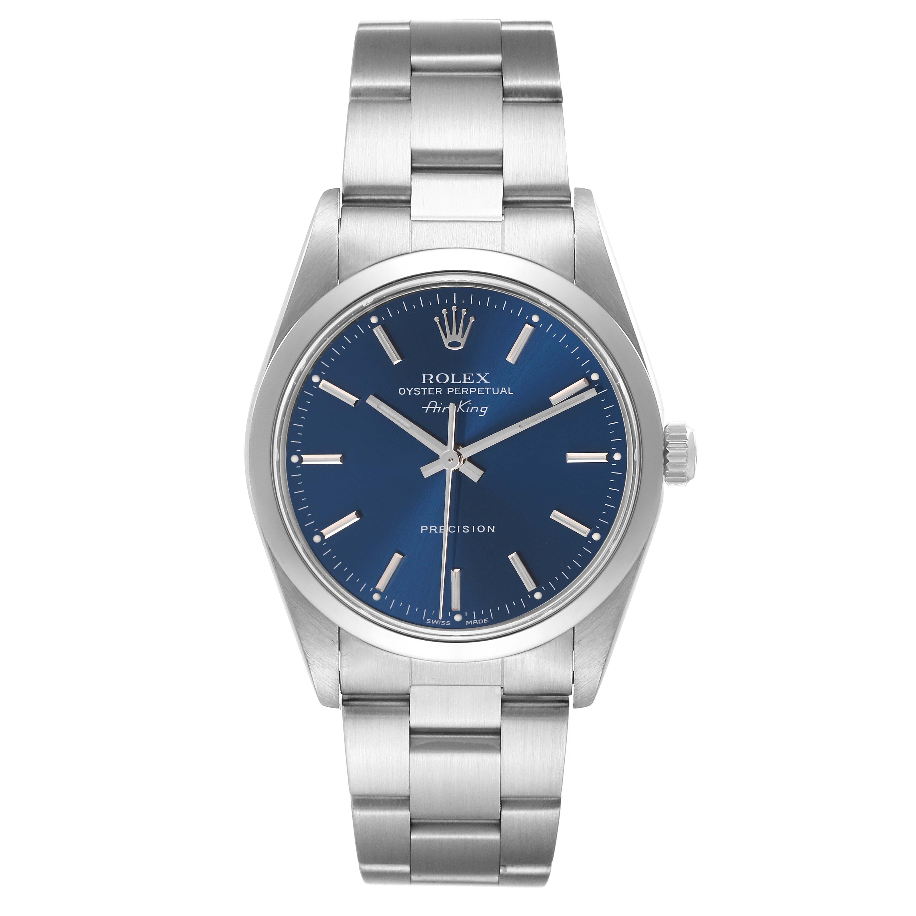 The image shows a Rolex Air-King model 14000 men's watch from a front angle, displaying its blue dial, hour markers, and stainless steel bracelet.