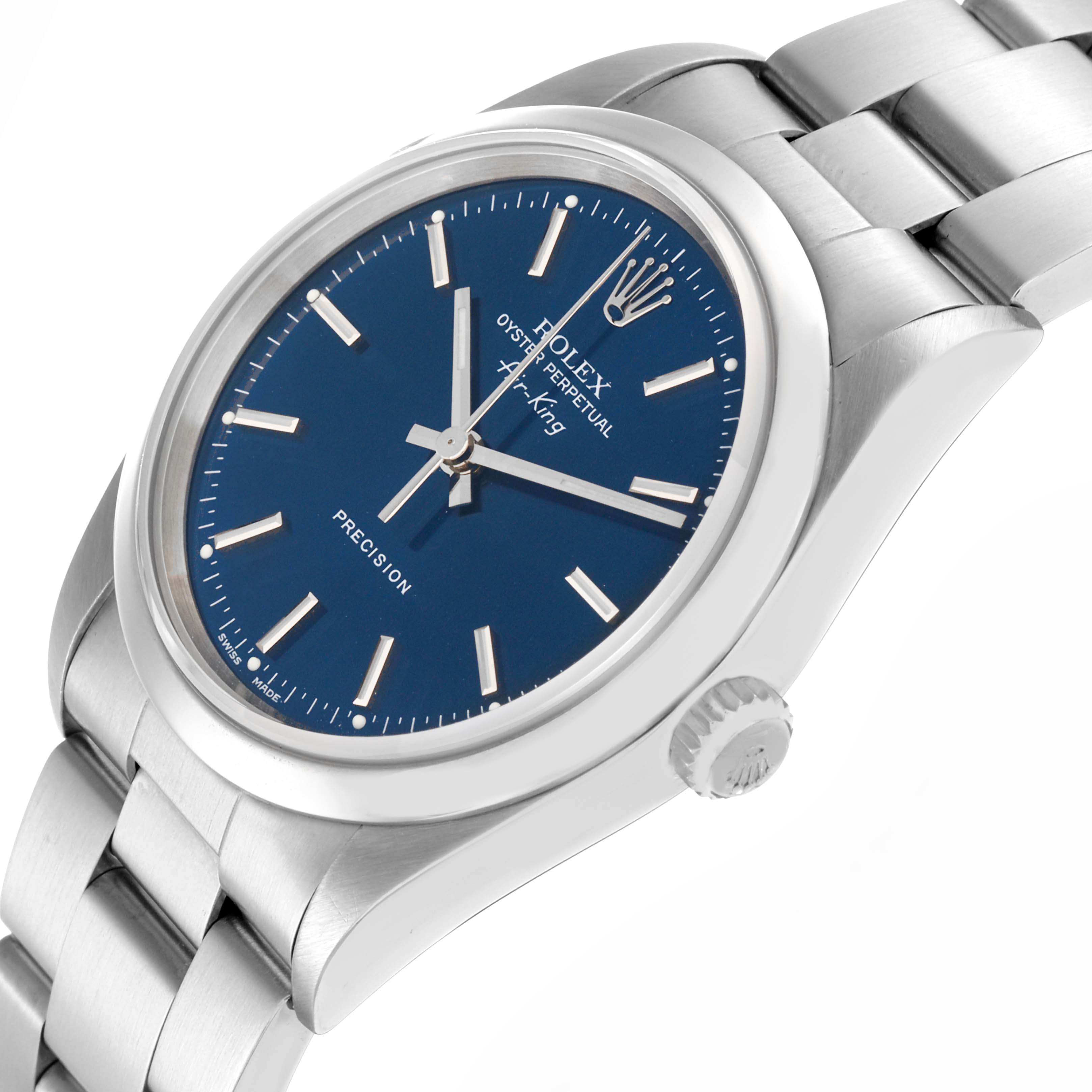 The Rolex Air-King model 14000 is shown at an angled side view, displaying the blue dial, crown, and stainless steel bracelet.