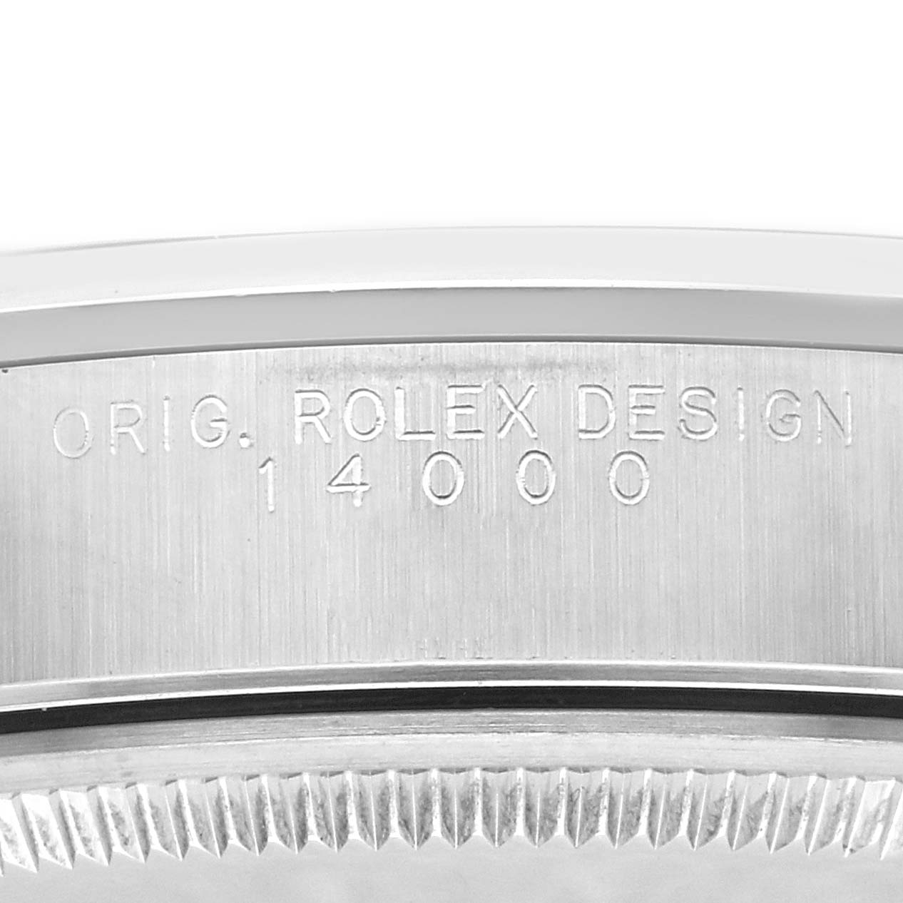 The image shows an angled close-up of the engraved case side of a Rolex Air-King, model number 14000, displaying "ORIG. ROLEX DESIGN 14000."