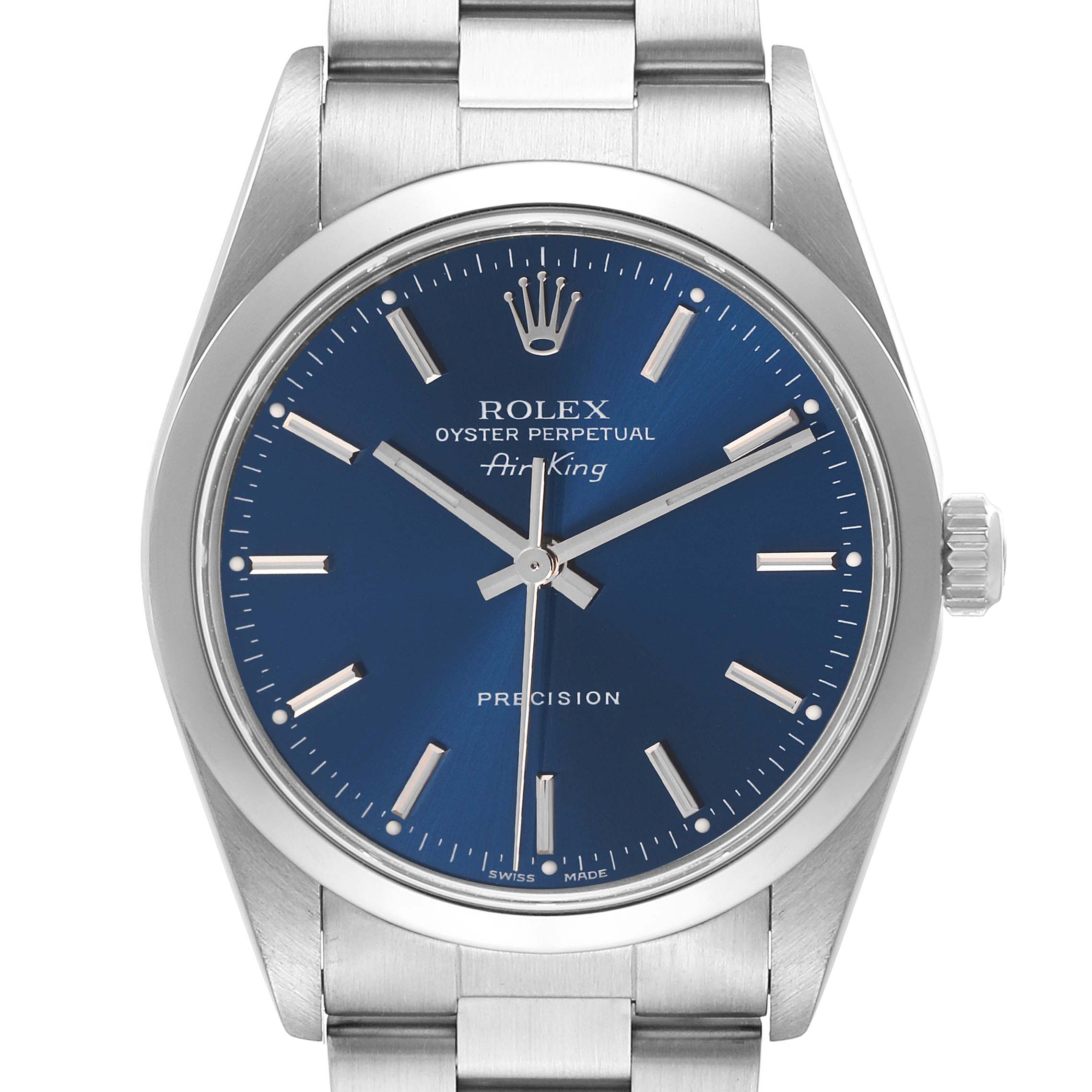 The Rolex Air-King model 14000 is shown from a front angle, displaying the dial, hour markers, hands, and part of the stainless steel bracelet.