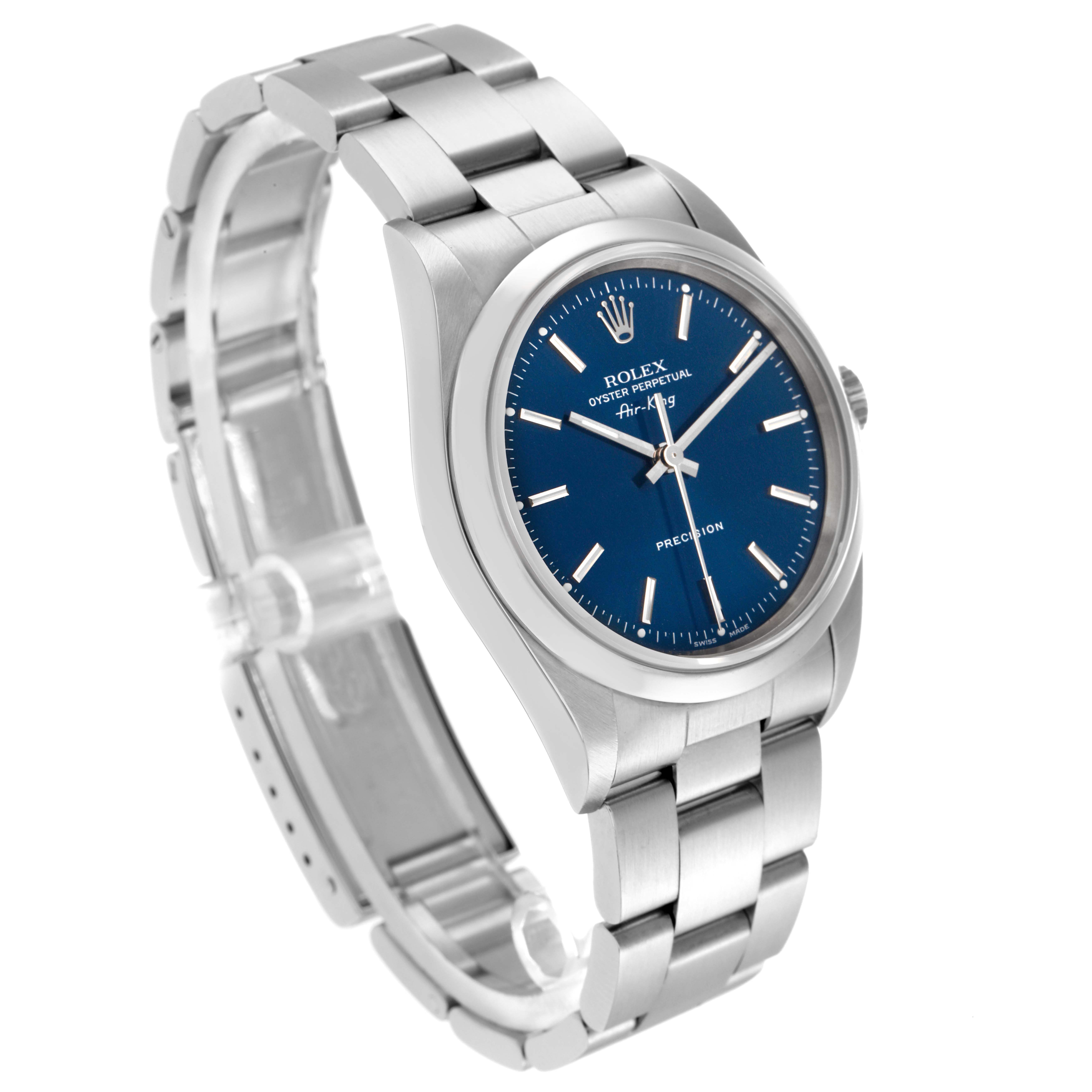 The Rolex Air-King model 14000 is shown at a three-quarter angle, highlighting the face, bezel, crown, and part of the bracelet.