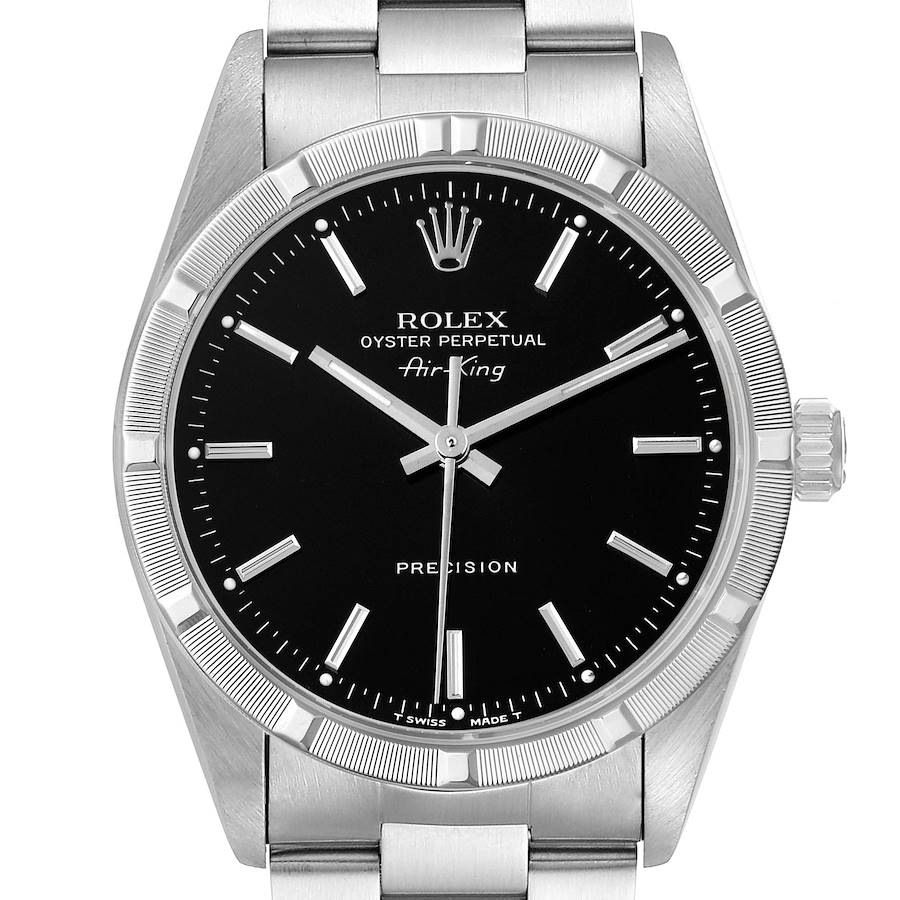 The image shows a front view of the Rolex Air-King model 14010 men's watch, featuring the dial, bezel, crown, and part of the bracelet.