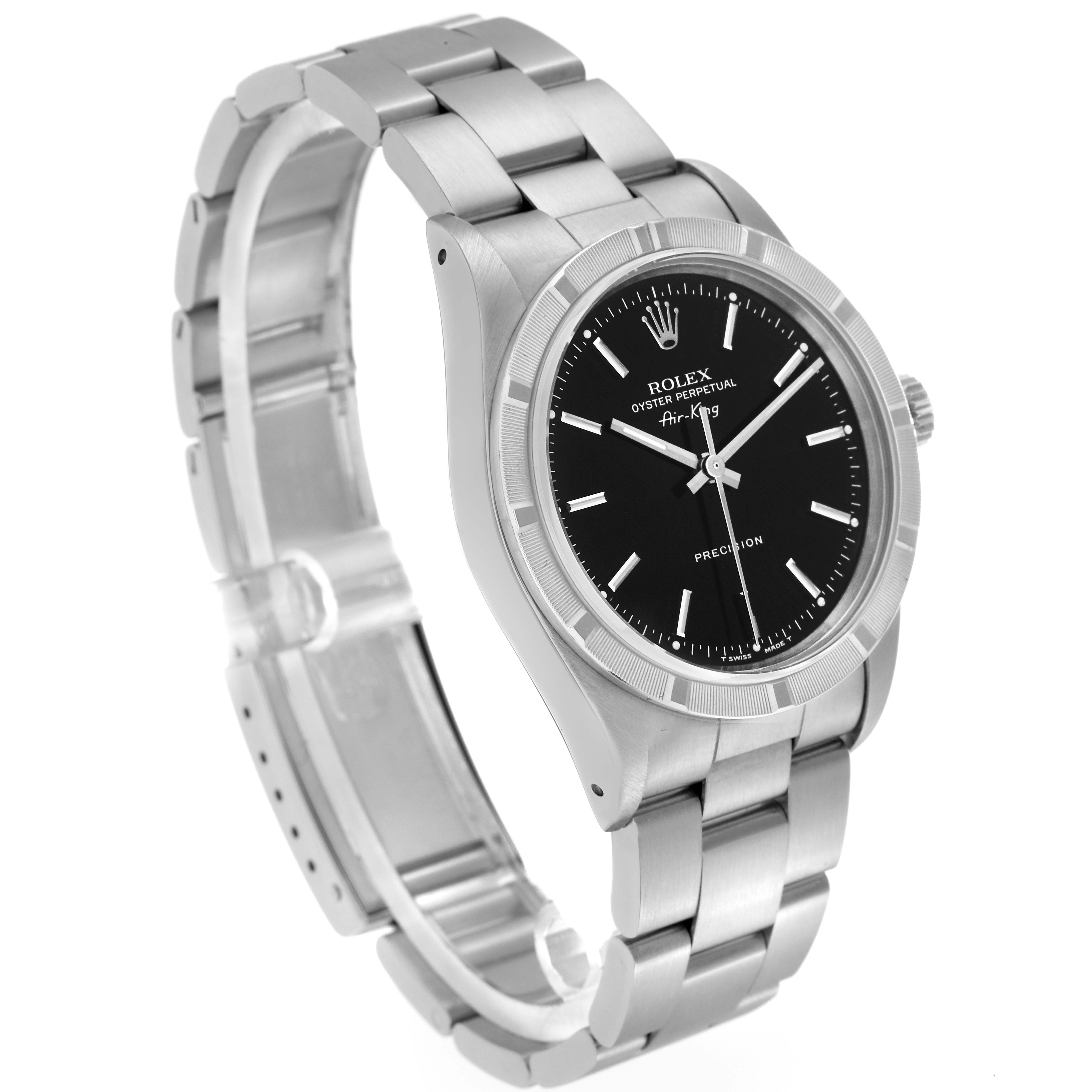 The Rolex Air-King model 14010 is shown at a three-quarter angle, displaying the dial, bezel, crown, and part of the bracelet.