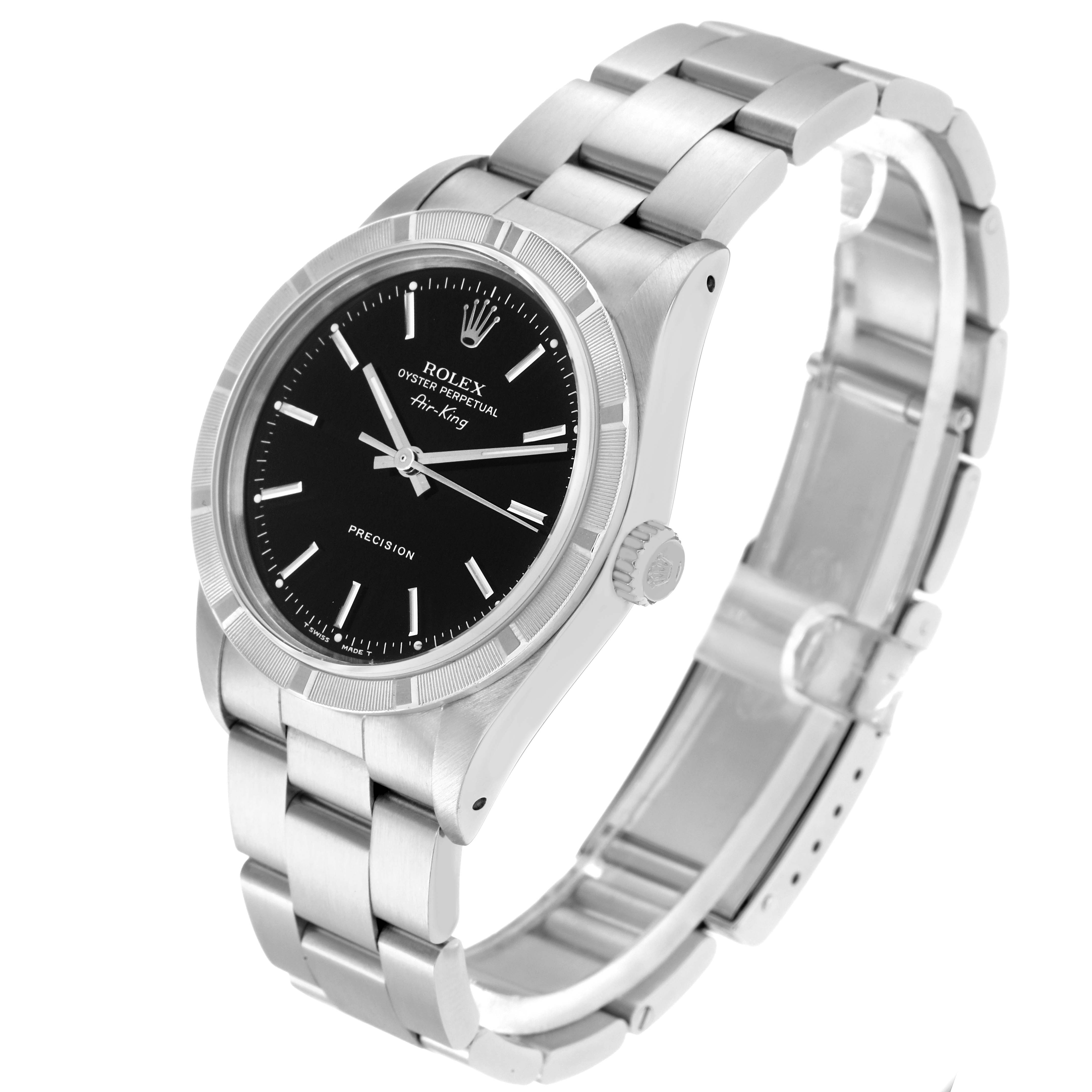 The image shows a Rolex Air-King model 14010 at a three-quarter angle, highlighting the dial, bezel, case, crown, and metal bracelet.