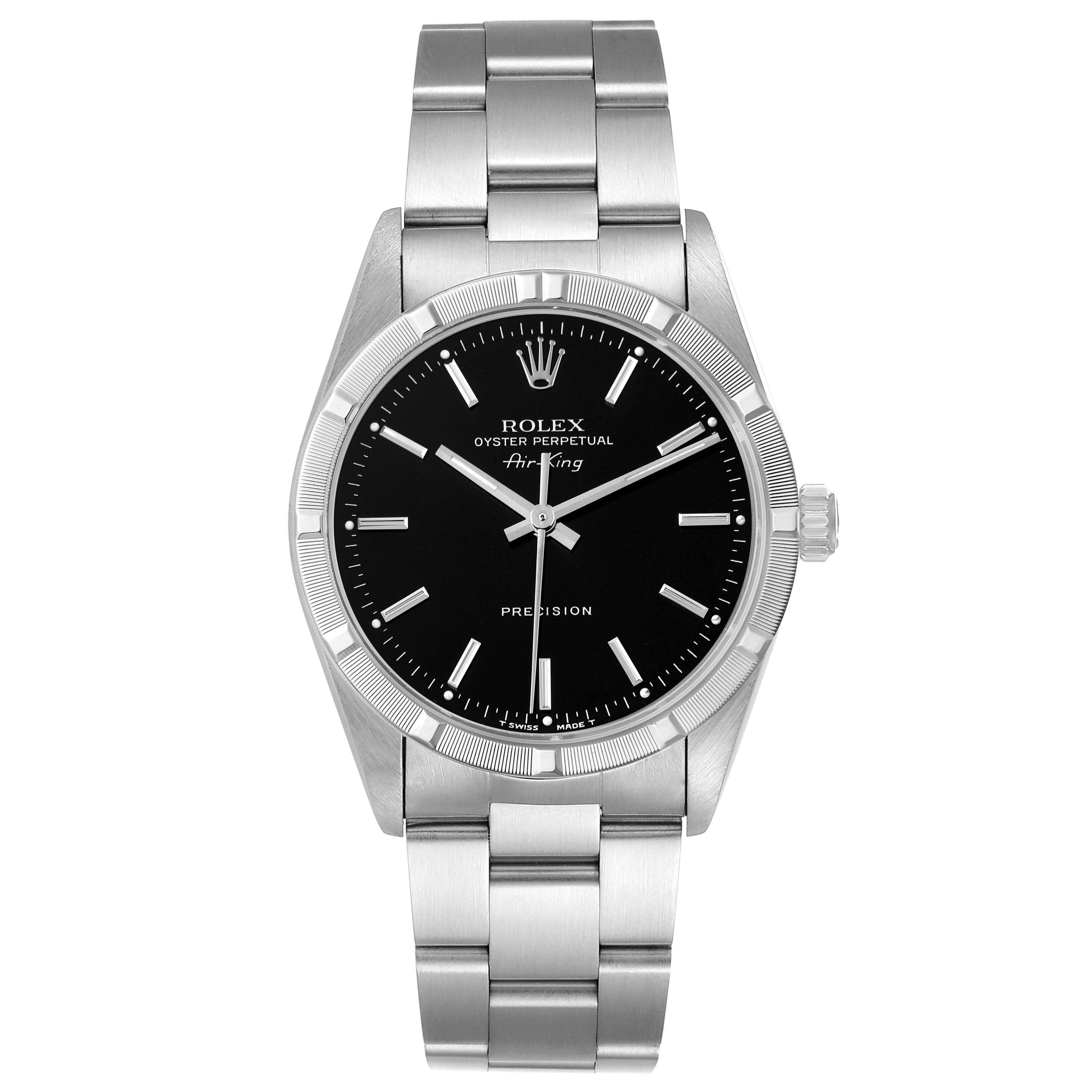 The image shows a front view of the Rolex Air-King model 14010 men's watch, displaying its black dial, hands, markers, and stainless steel bracelet.