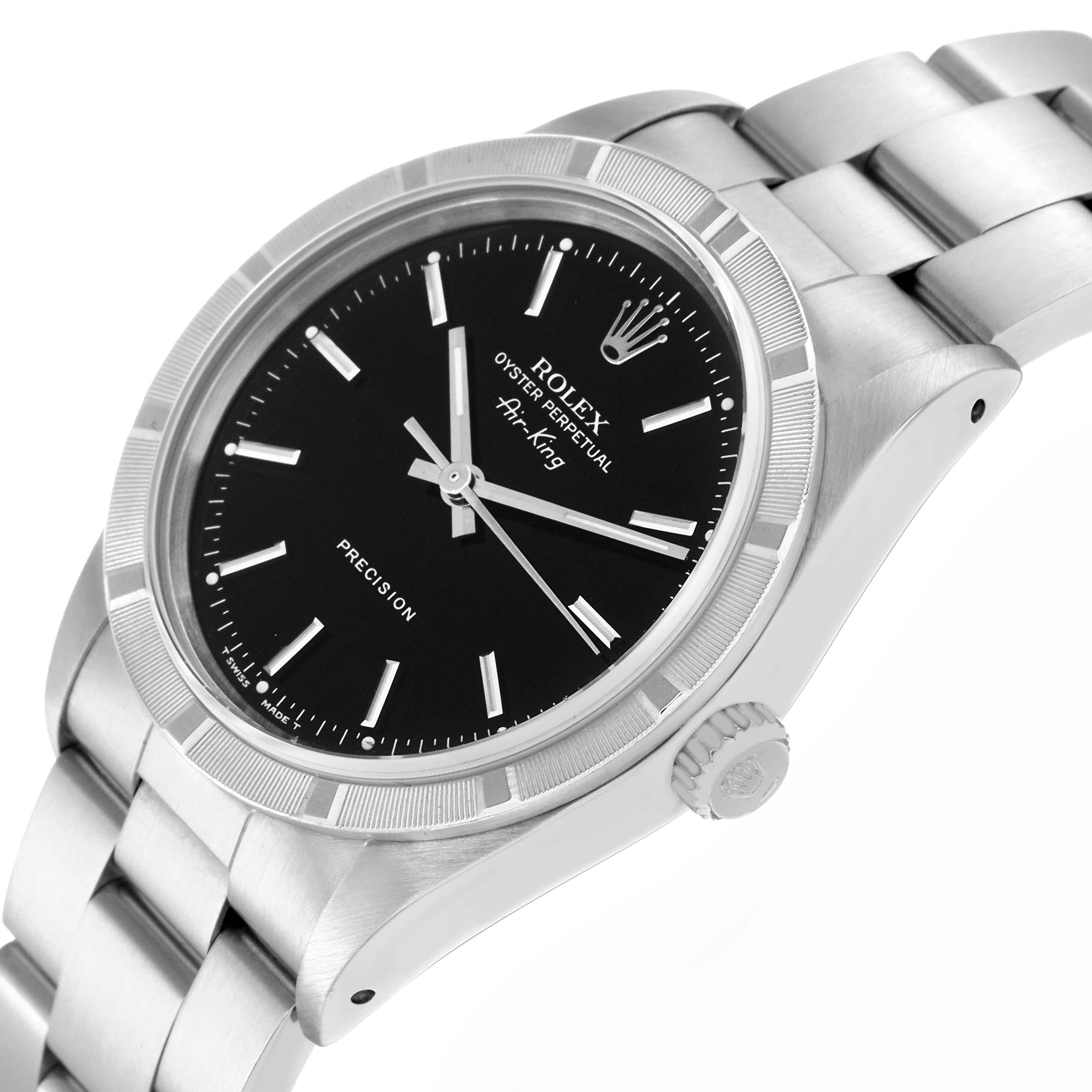 The Rolex Air-King model 14010 is shown at an angle that highlights the black dial, indices, fluted bezel, crown, and part of the stainless steel bracelet.