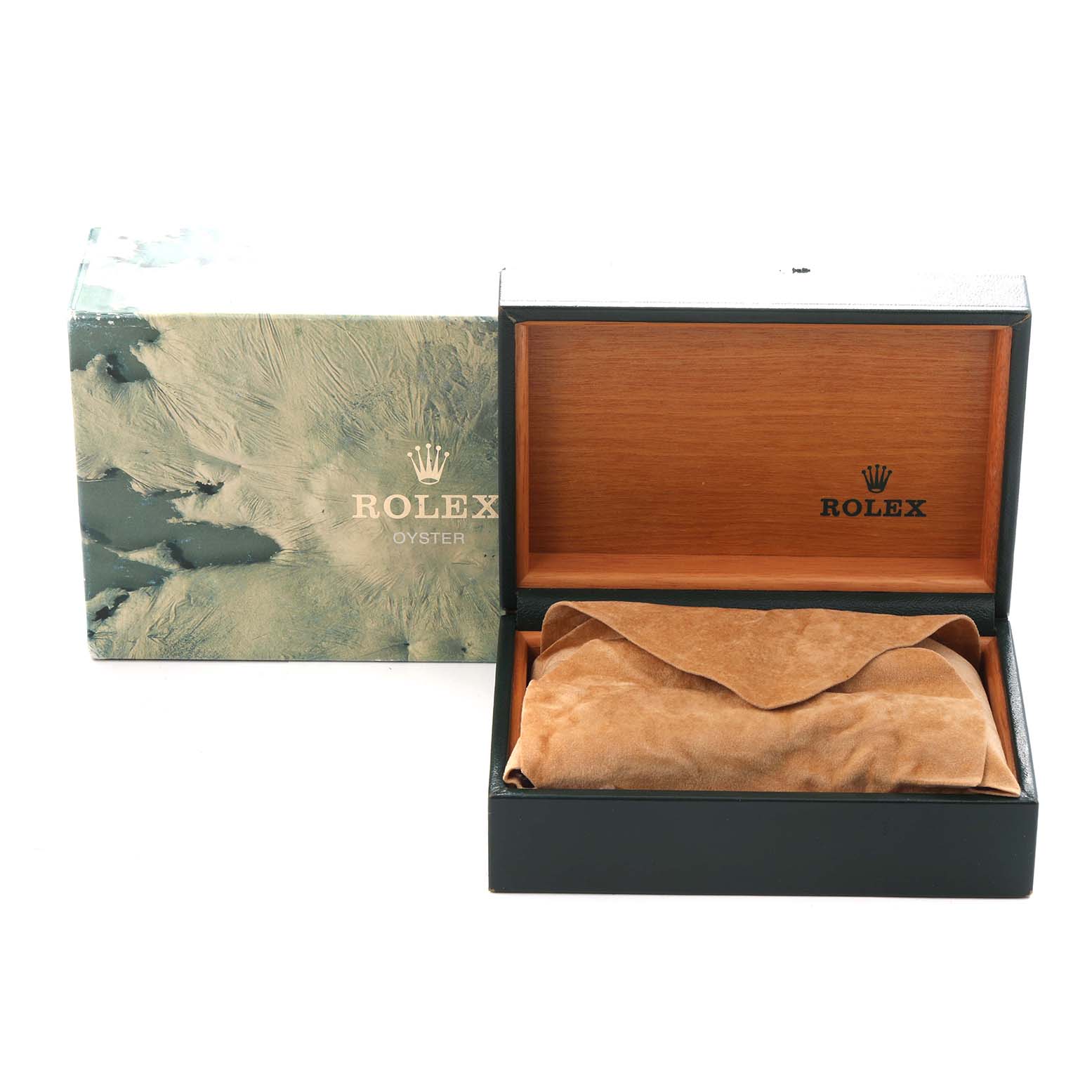 The image shows a closed Rolex box for an Air-King model 14010 men's watch, positioned slightly open with a protective suede cover inside.