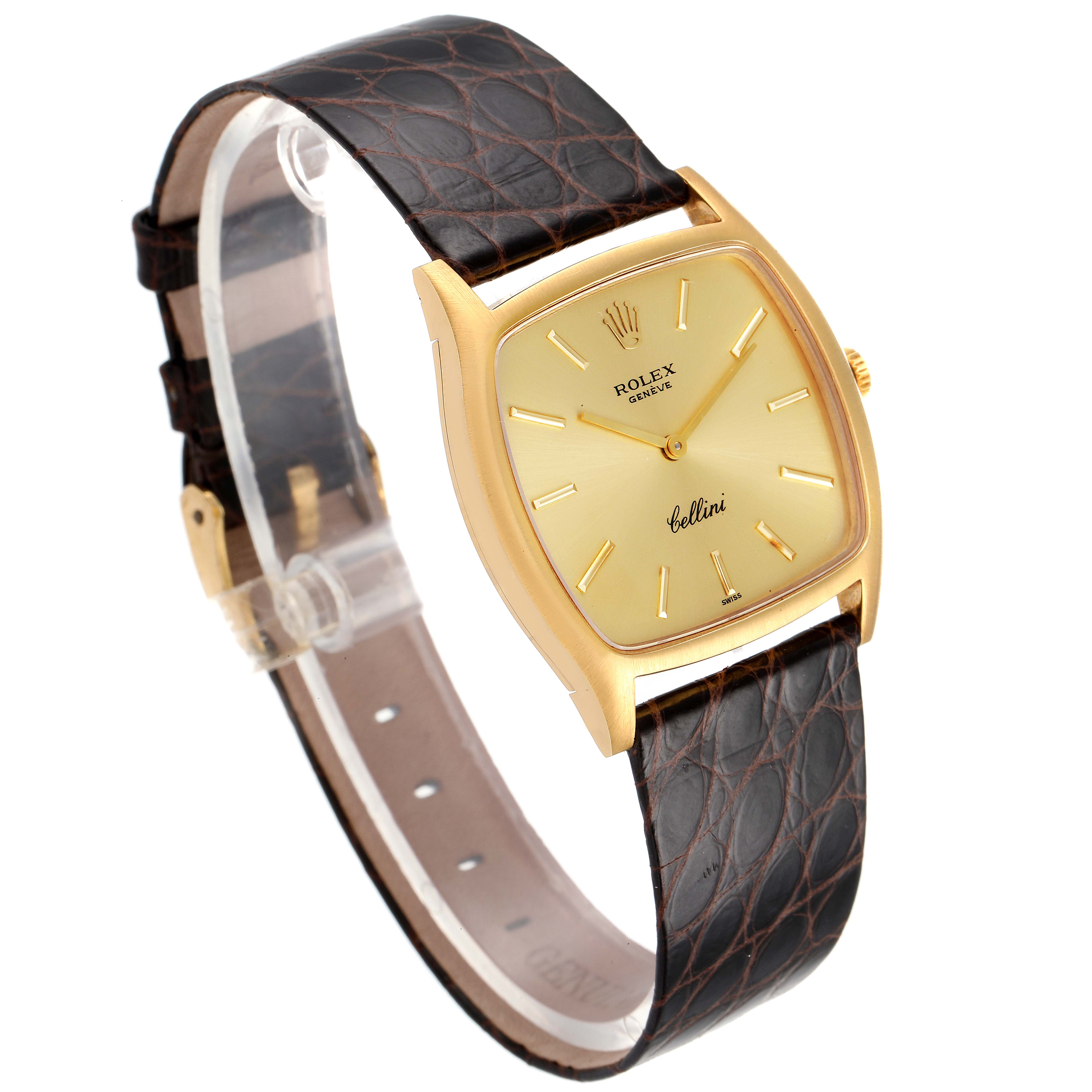 The image shows a Rolex Vintage Collection 3805 Men's Yellow Gold Champagne Dial 3805 Men's Yellow Gold Champagne Dial "Cellini" watch at a three-quarter angle, highlighting its gold case, dial, and leather strap.