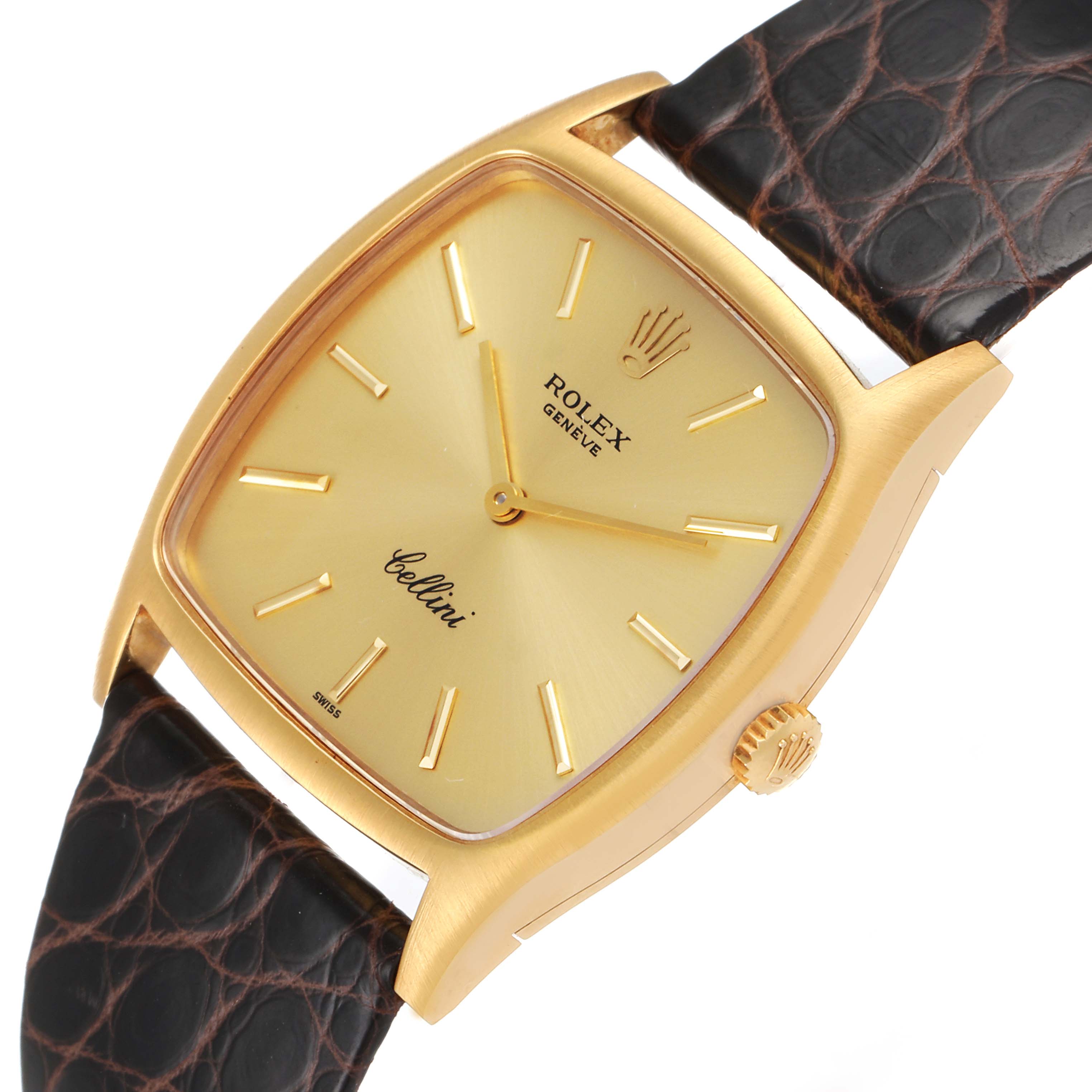 This image shows a close-up of the face, bezel, and crown of the Vintage Collection Rolex Cellini watch with a leather strap.