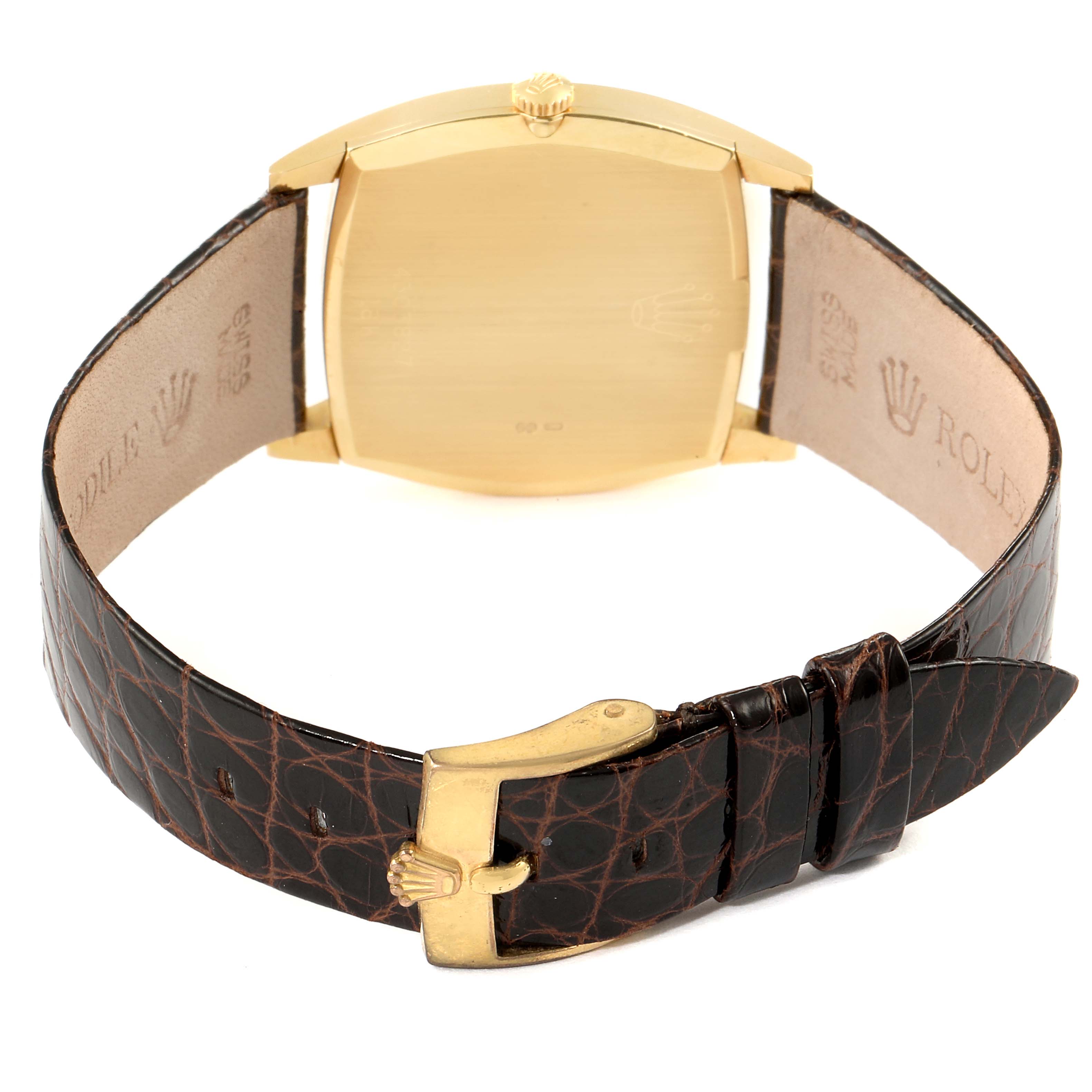 The image shows the back view of a Rolex Vintage Collection 3805 Men's Yellow Gold Champagne Dial 3805 Men's Yellow Gold Champagne Dial watch, highlighting the gold case, crown, and leather strap with a buckle.