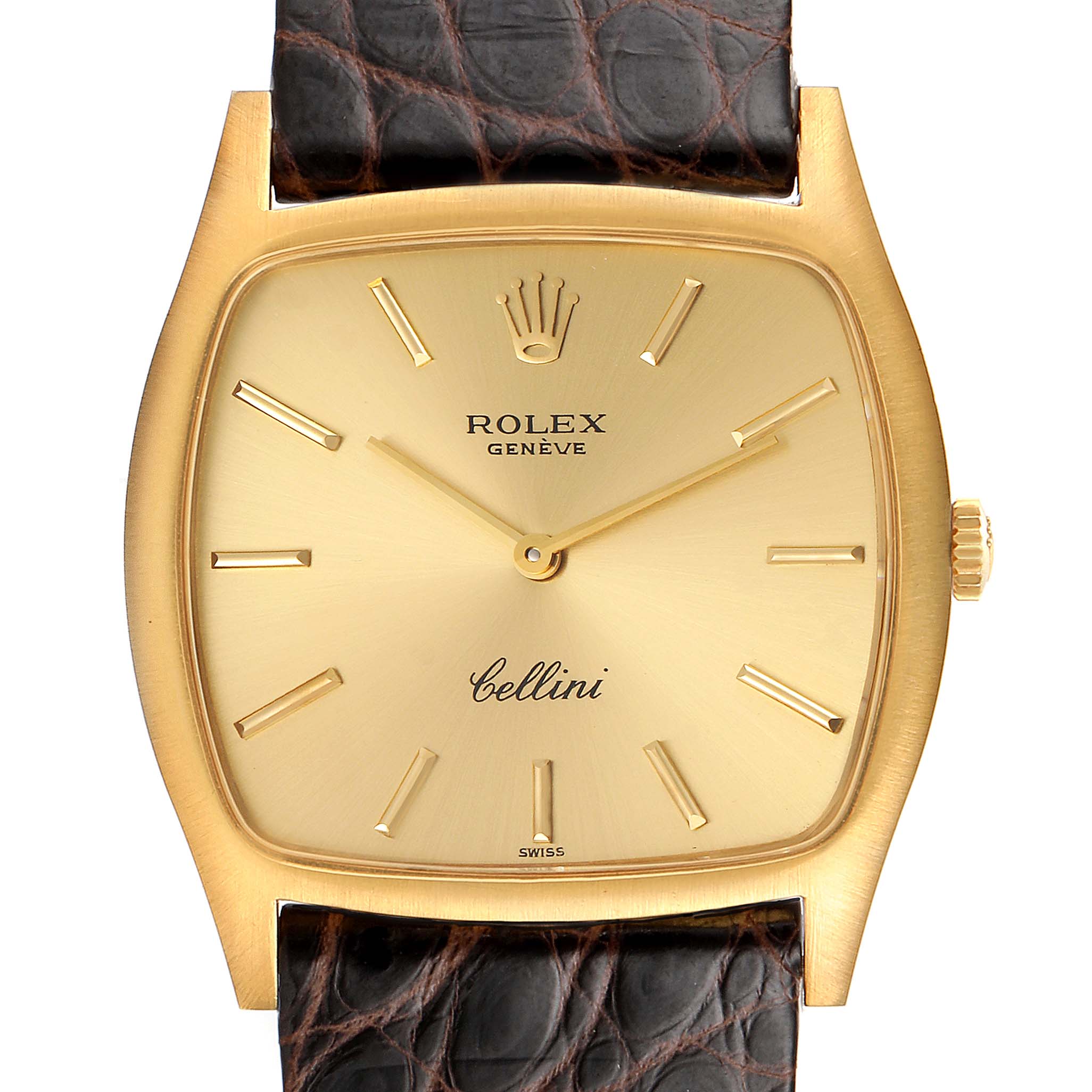 A frontal view of the Rolex Cellini Vintage Collection watch, showing its gold case, dial, hands, and brown leather strap.
