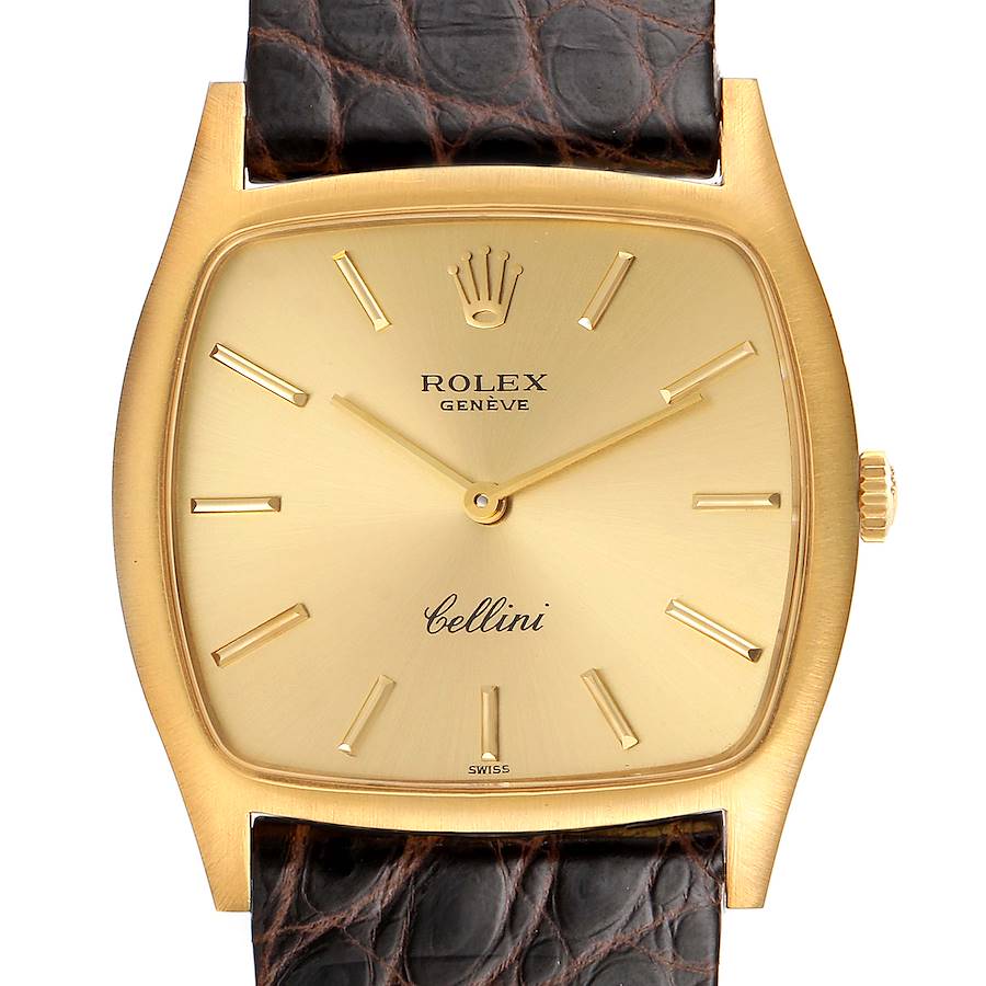 Rolex Cellini 18k Yellow Gold Brown Strap Mens Vintage Watch 3805 SwissWatchExpo