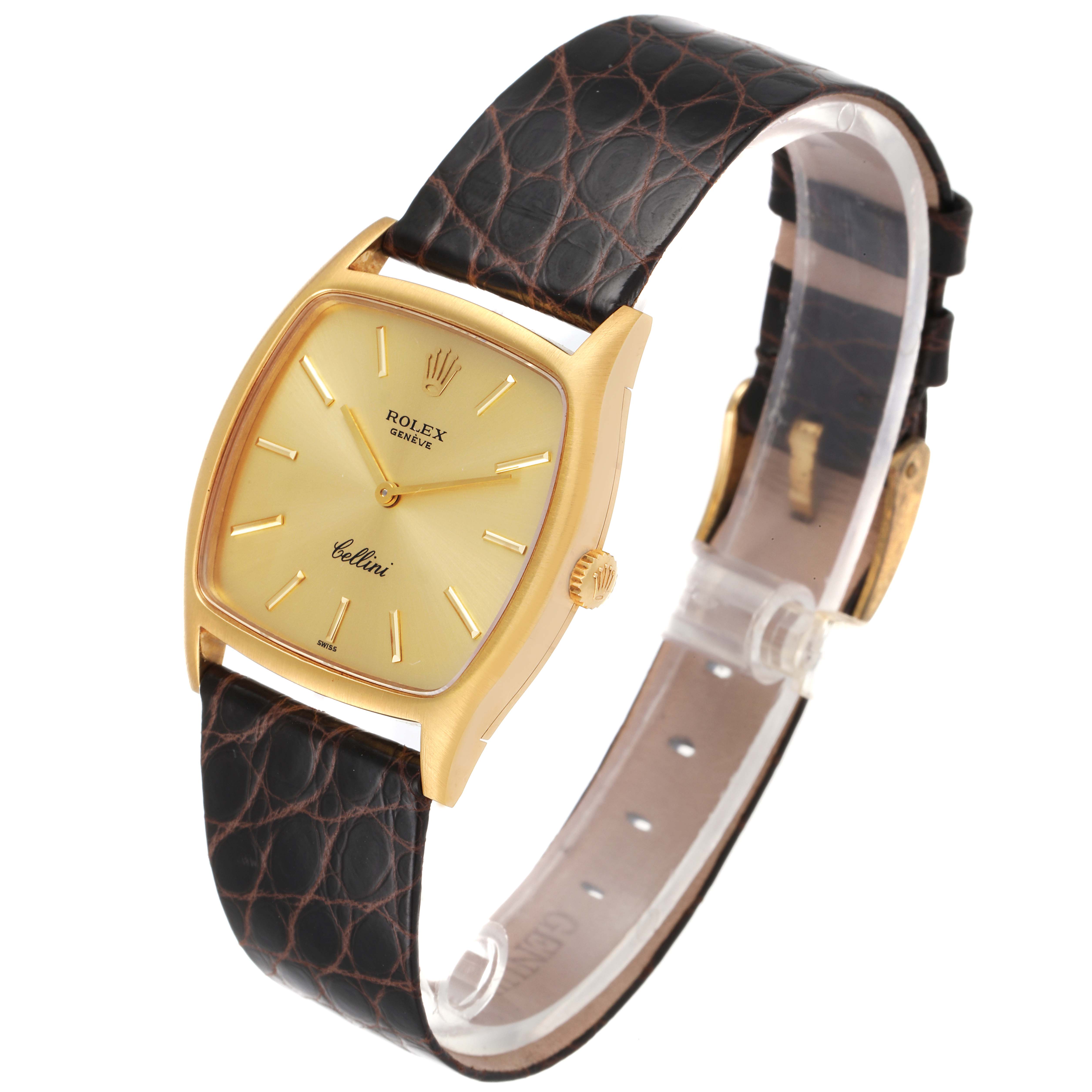 The Rolex Vintage Collection 3805 Men's Yellow Gold Champagne Dial 3805 Men's Yellow Gold Champagne Dial watch is shown at a three-quarter angle, featuring its face, crown, and leather strap.