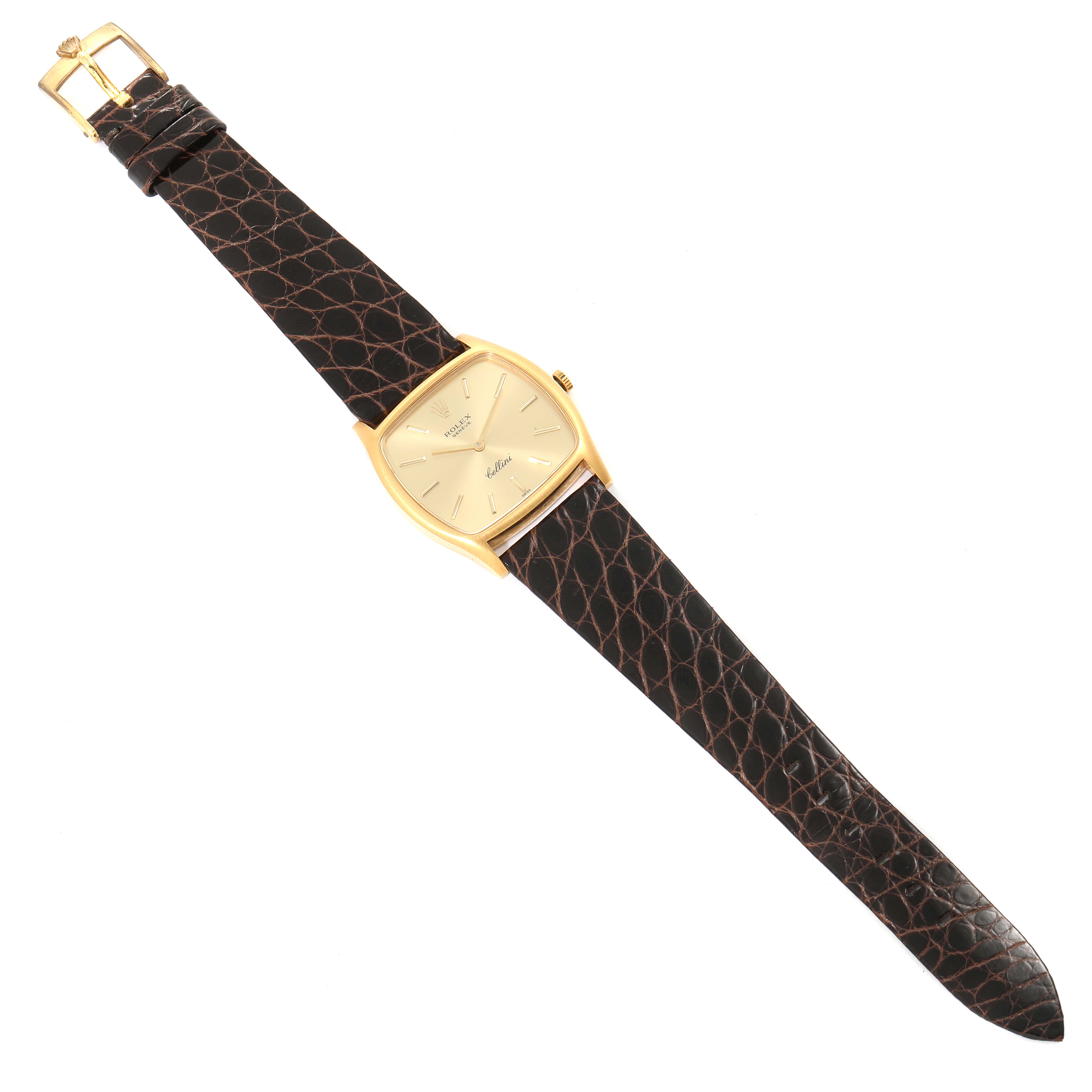 The Rolex Vintage Collection 3805 Men's Yellow Gold Champagne Dial 3805 Men's Yellow Gold Champagne Dial model watch is shown from a top-down angle, displaying the face, case, crown, and the entire strap.