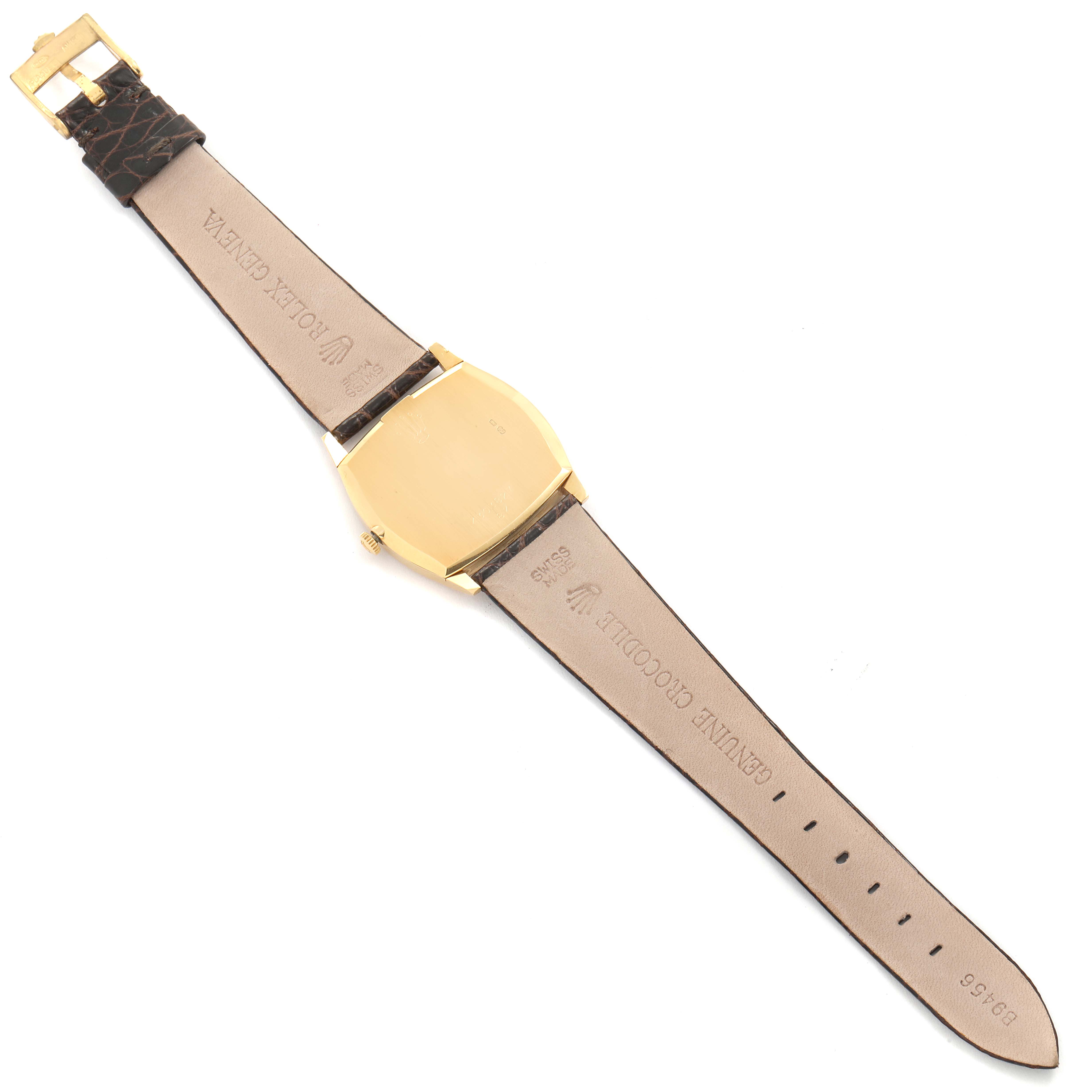 The image shows the back view of a Rolex Vintage Collection 3805 Men's Yellow Gold Champagne Dial 3805 Men's Yellow Gold Champagne Dial watch, displaying the leather strap, gold case back, and buckle.