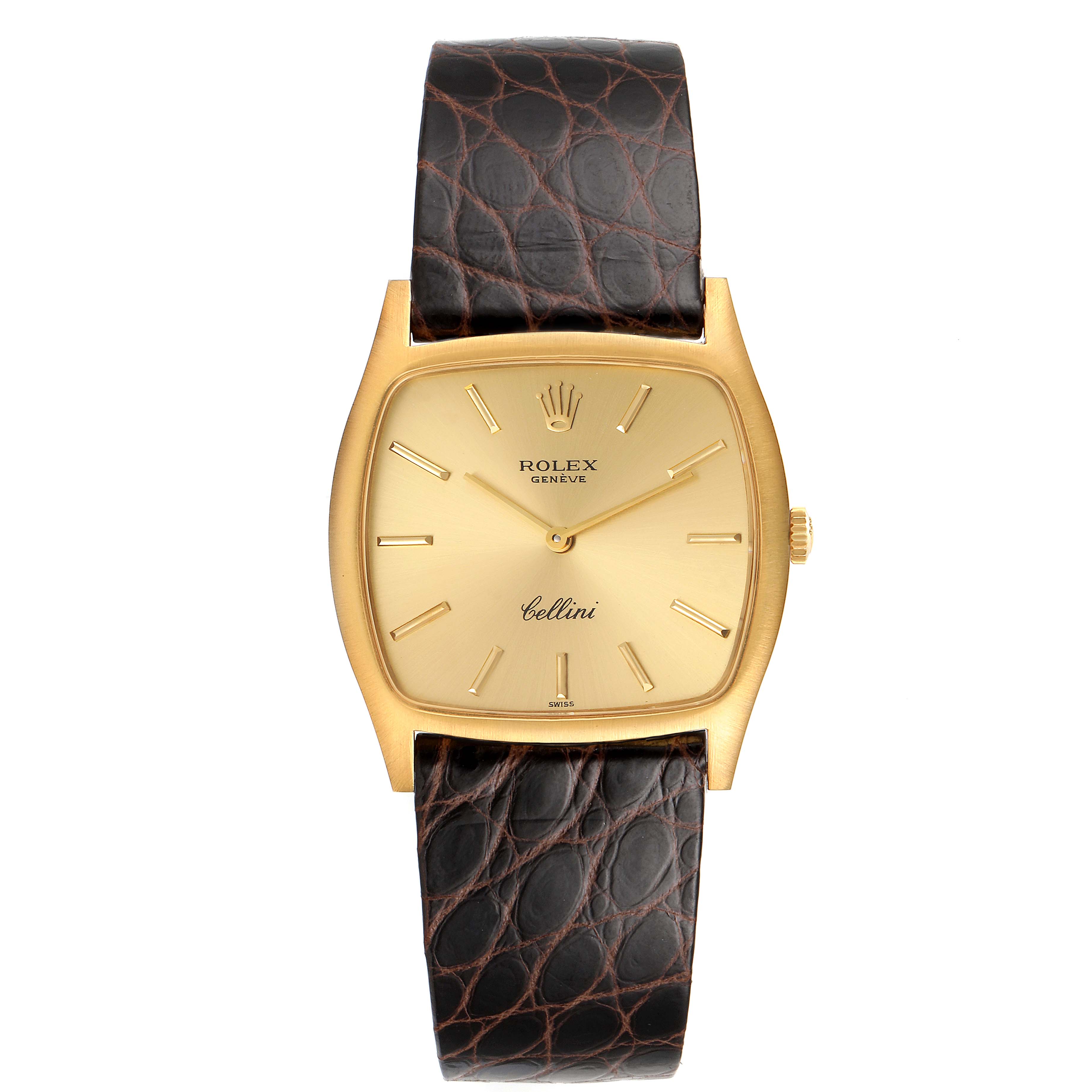 This image shows a front view of the Rolex Vintage Collection 3805 Men's Yellow Gold Champagne Dial 3805 Men's Yellow Gold Champagne Dial Bellini model with a gold square face and brown leather strap.