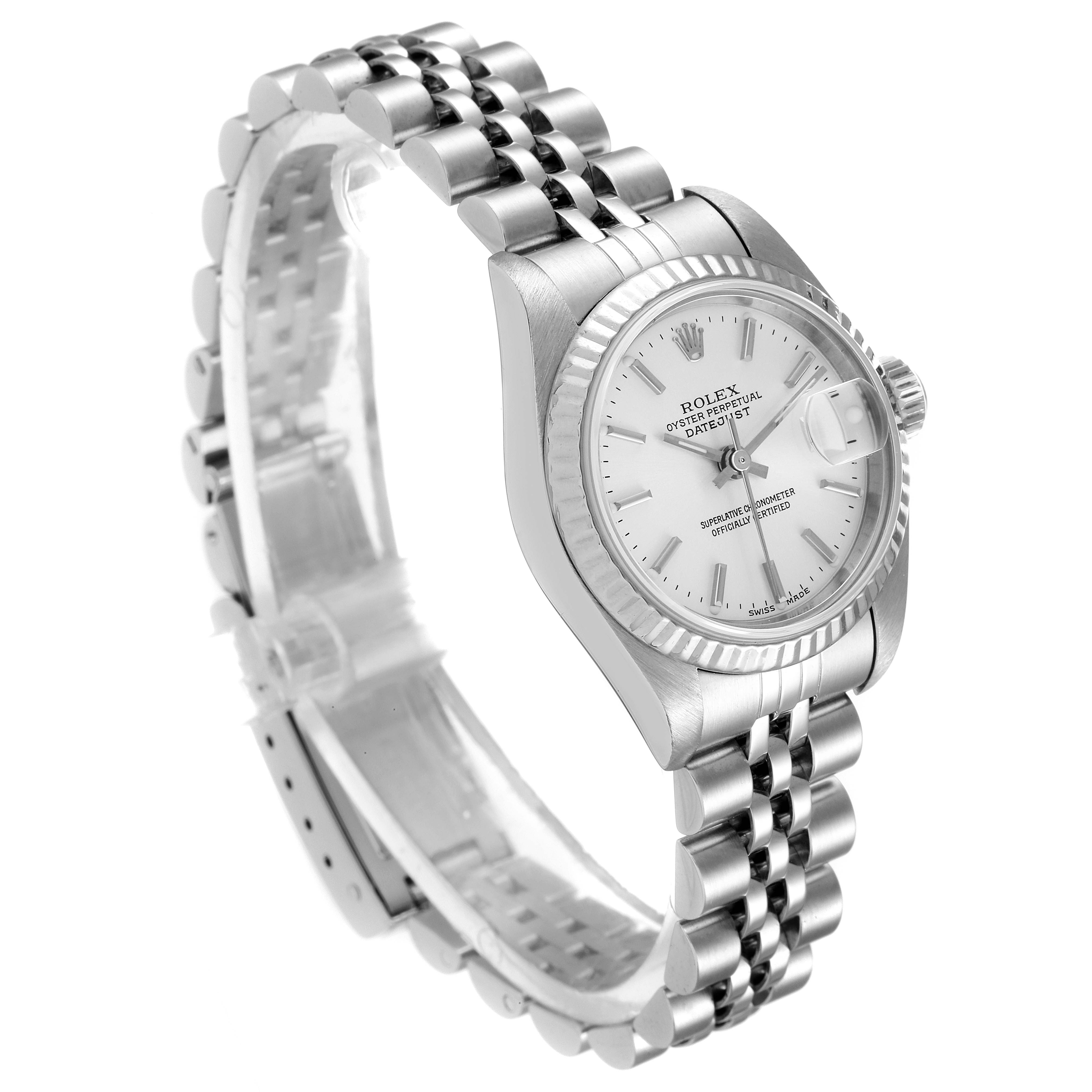 The image shows a side angle of a Rolex Datejust 79174 Women
s Stainless Steel Silver Dial 79174 Women
s Stainless Steel Silver Dial watch highlighting its case, dial, and jubilee bracelet.