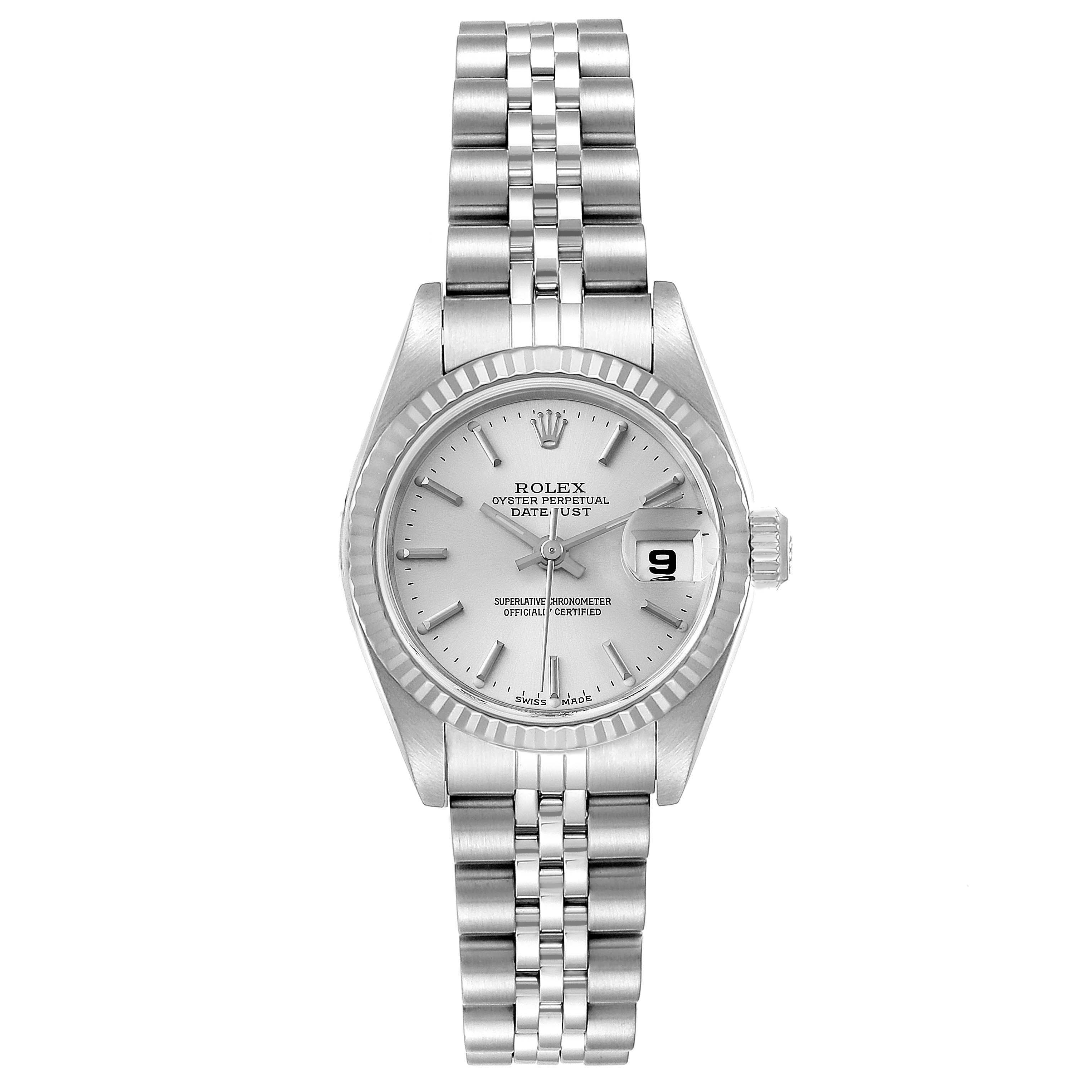 The image shows a front view of the Rolex Datejust 79174 Women
s Stainless Steel Silver Dial 79174 Women
s Stainless Steel Silver Dial watch, displaying its face, bezel, and bracelet.