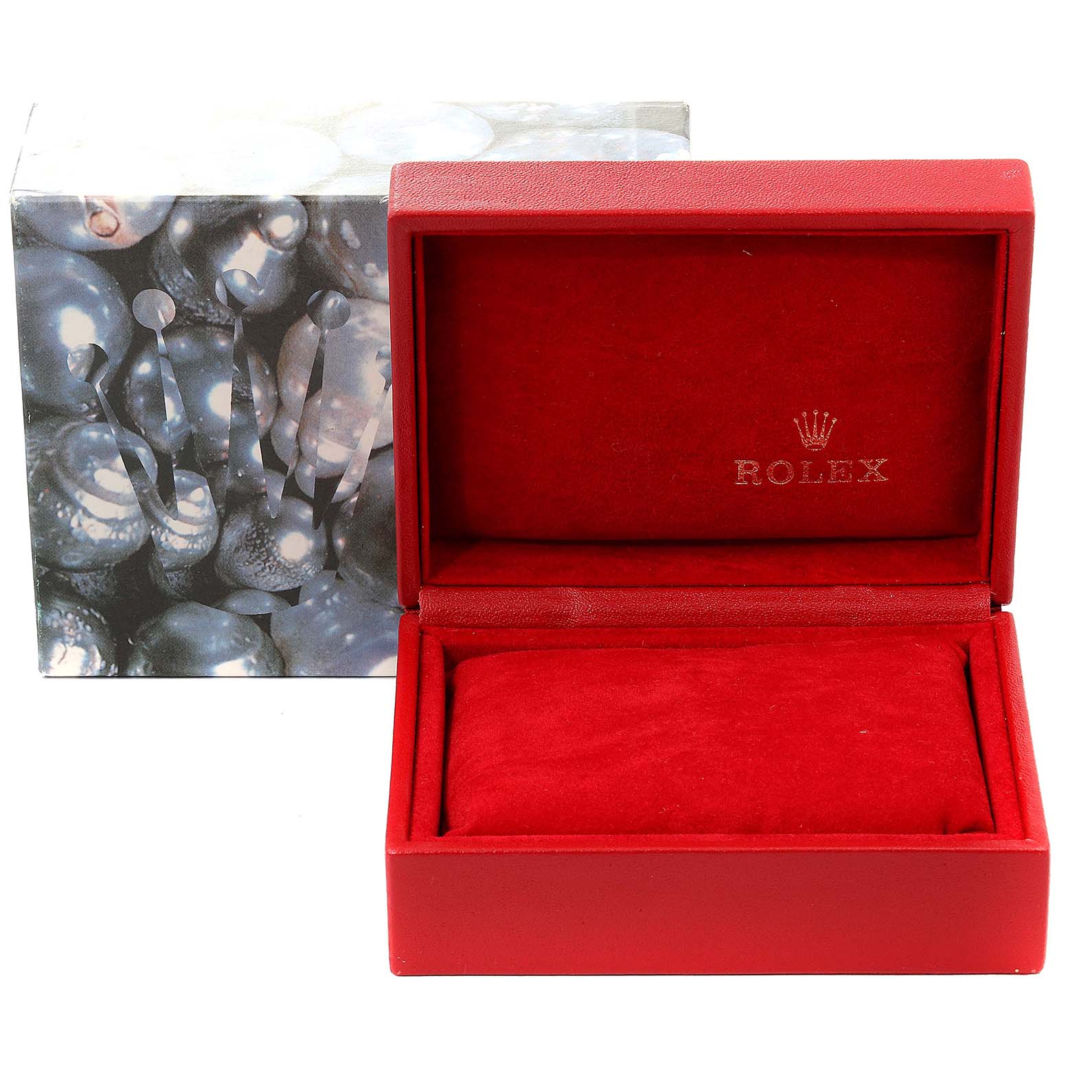 This image shows an empty red Rolex Datejust 79174 Women
s Stainless Steel Silver Dial 79174 Women
s Stainless Steel Silver Dial watch box with a partially visible outer box featuring a crown logo.