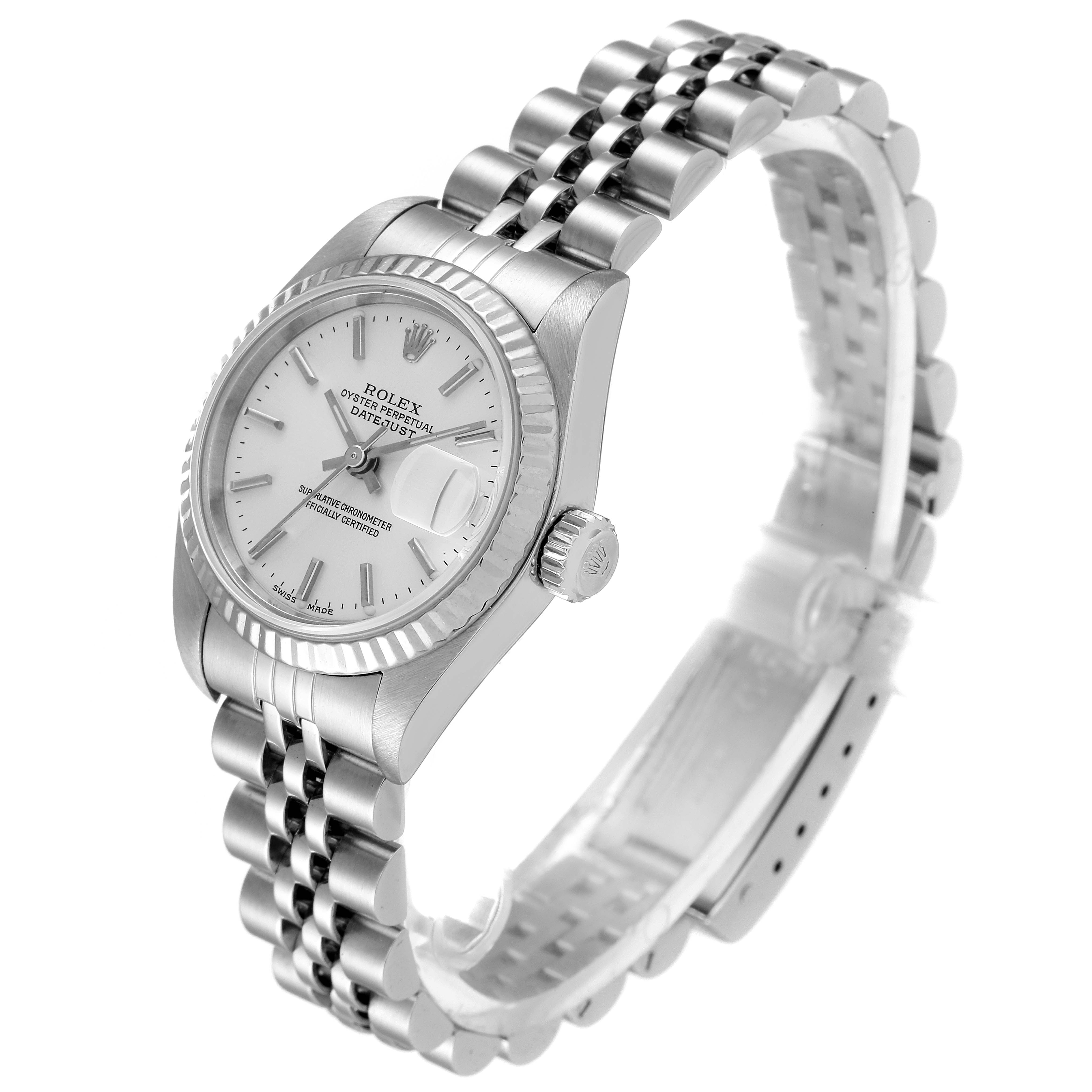 The image shows a Rolex Datejust 79174 Women
s Stainless Steel Silver Dial 79174 Women
s Stainless Steel Silver Dial watch angled slightly to the right, highlighting its face, bezel, crown, and bracelet.