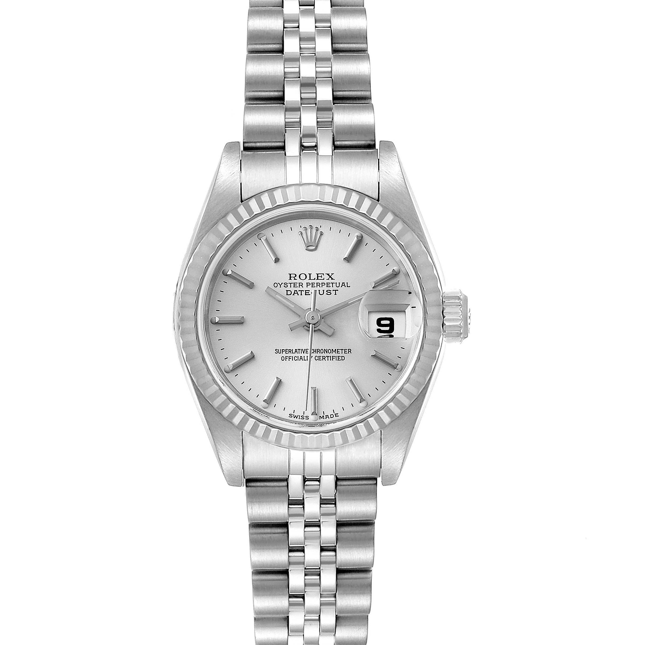 This Rolex Datejust 79174 Women
s Stainless Steel Silver Dial 79174 Women
s Stainless Steel Silver Dial watch is shown from a top-down angle, displaying its silver dial, fluted bezel, and Jubilee bracelet.